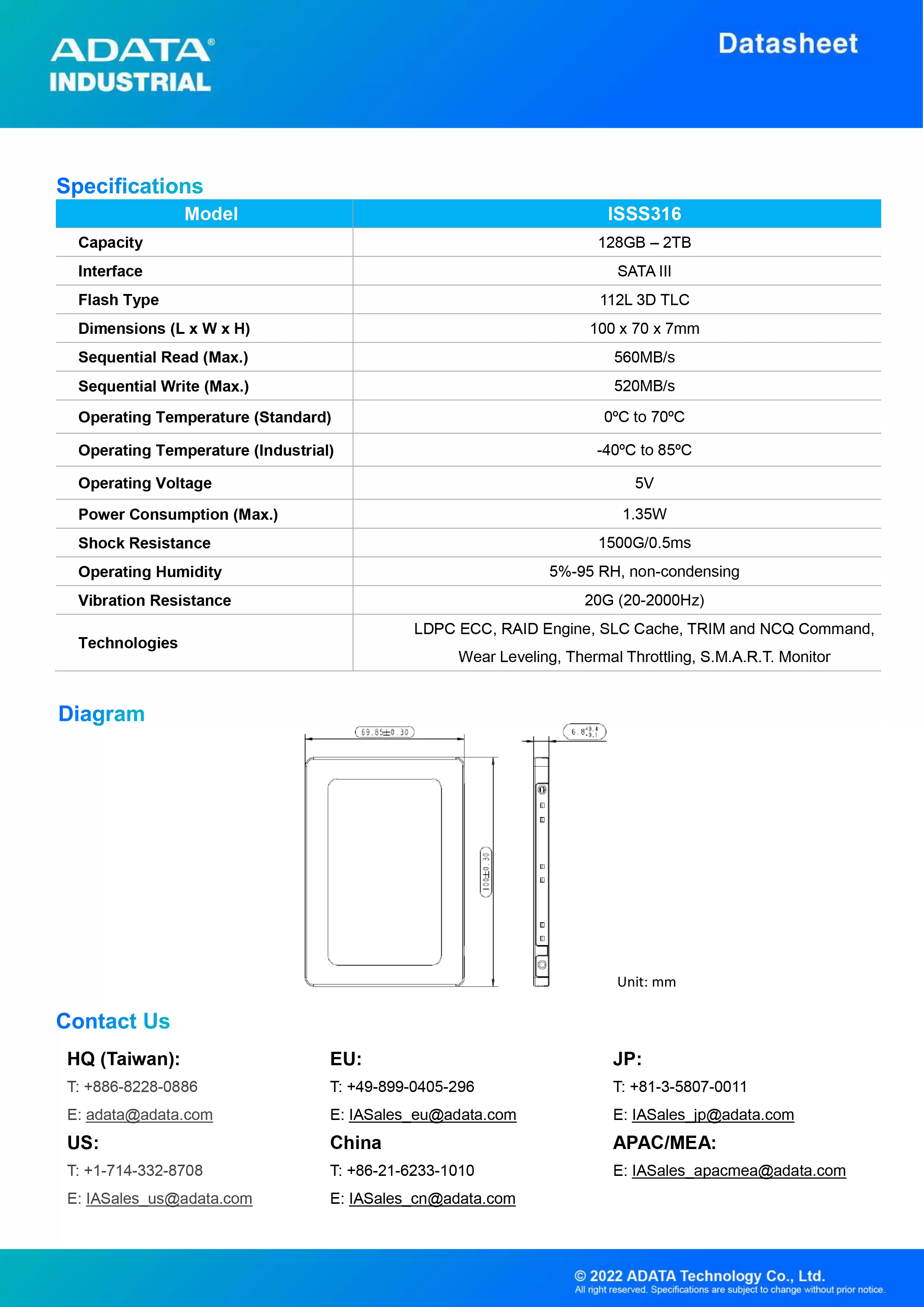 ADATA 威剛 ISSS316 工業級 SATA SSD