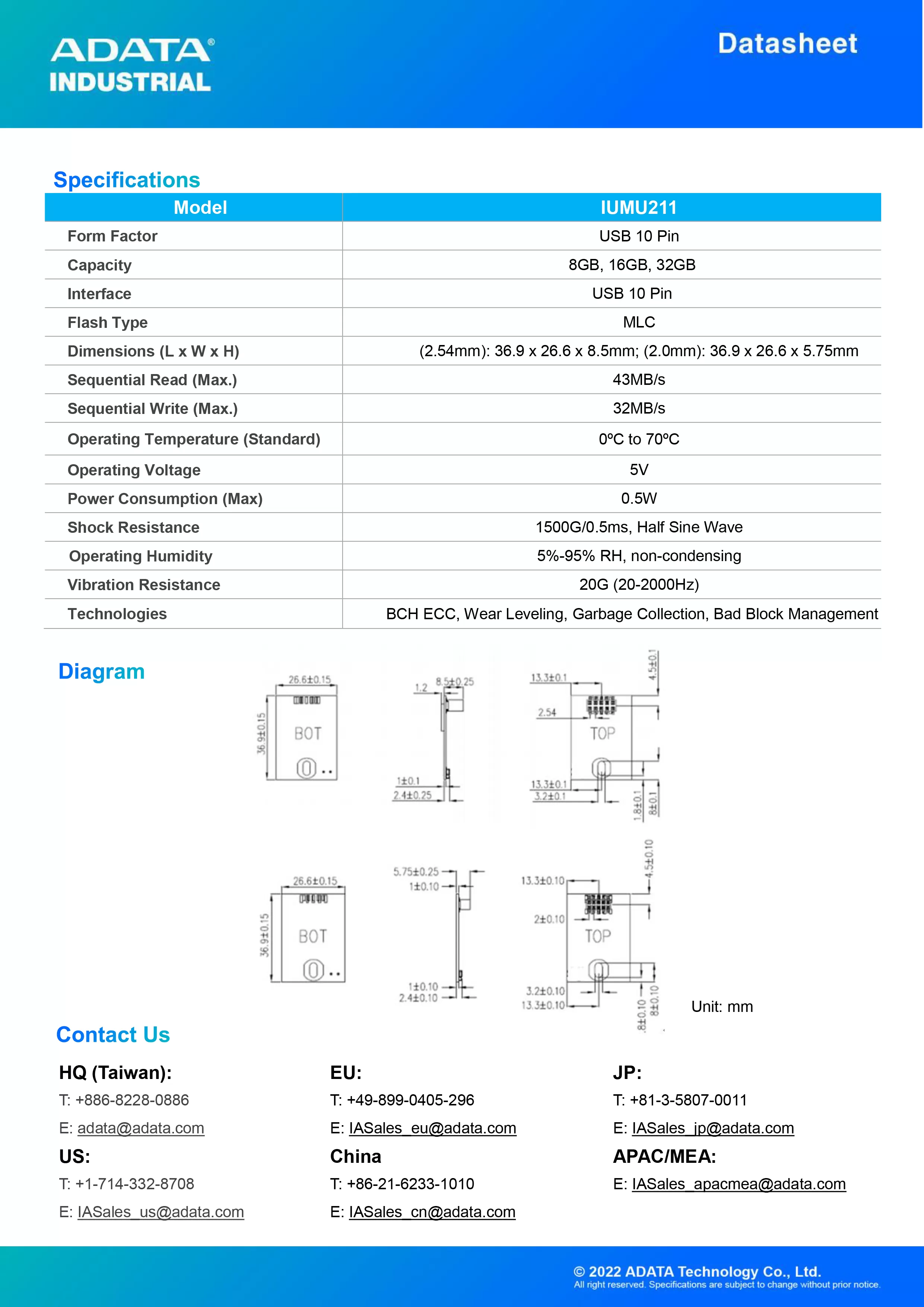 ADATA 威剛 IUMU211 USB DOM (Horizontal)