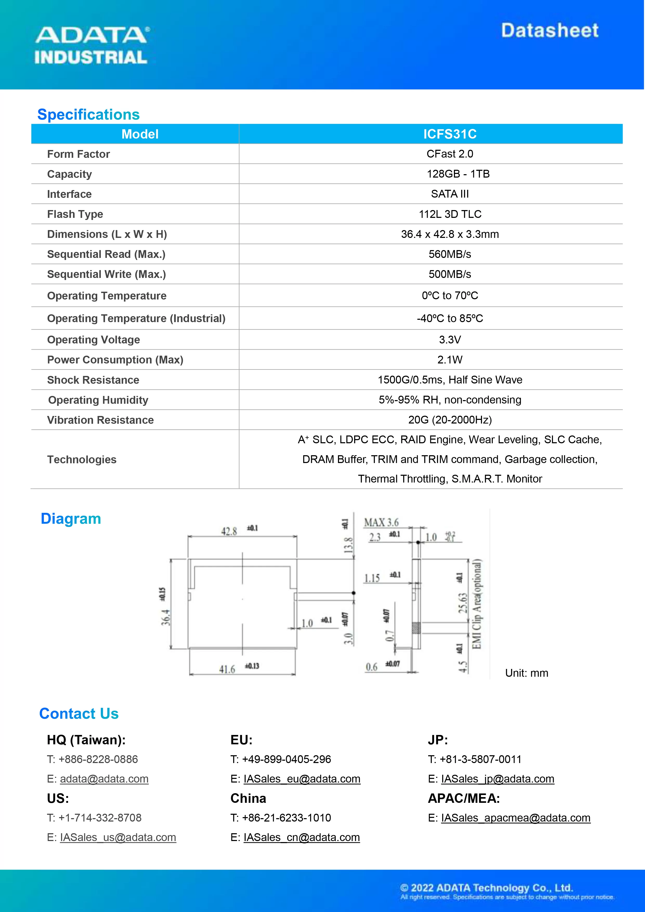 ADATA 威剛 ICFS31C CFast卡 工業級 記憶卡