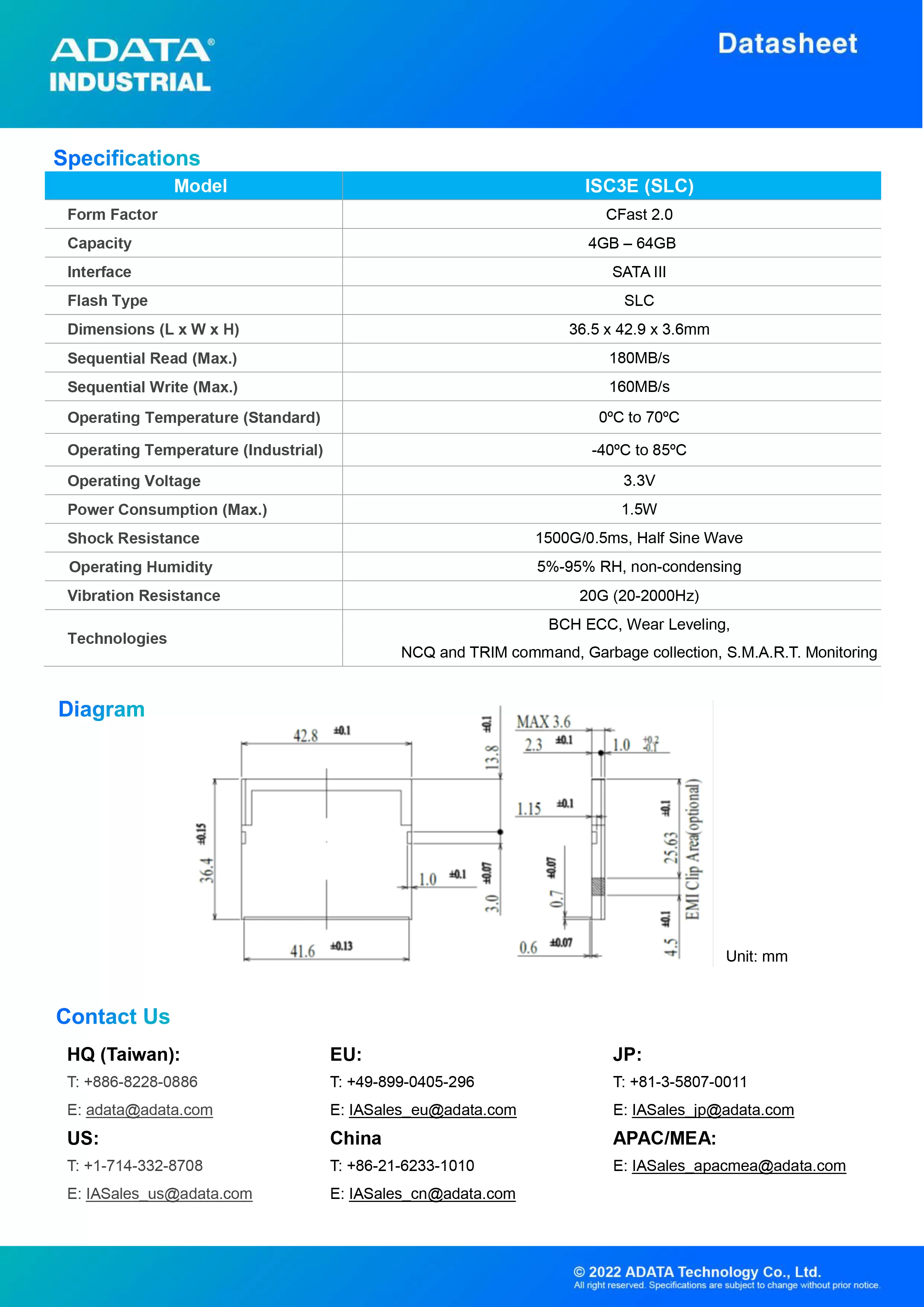 ADATA 威剛 ISC3E SLC 工業級 CFast卡