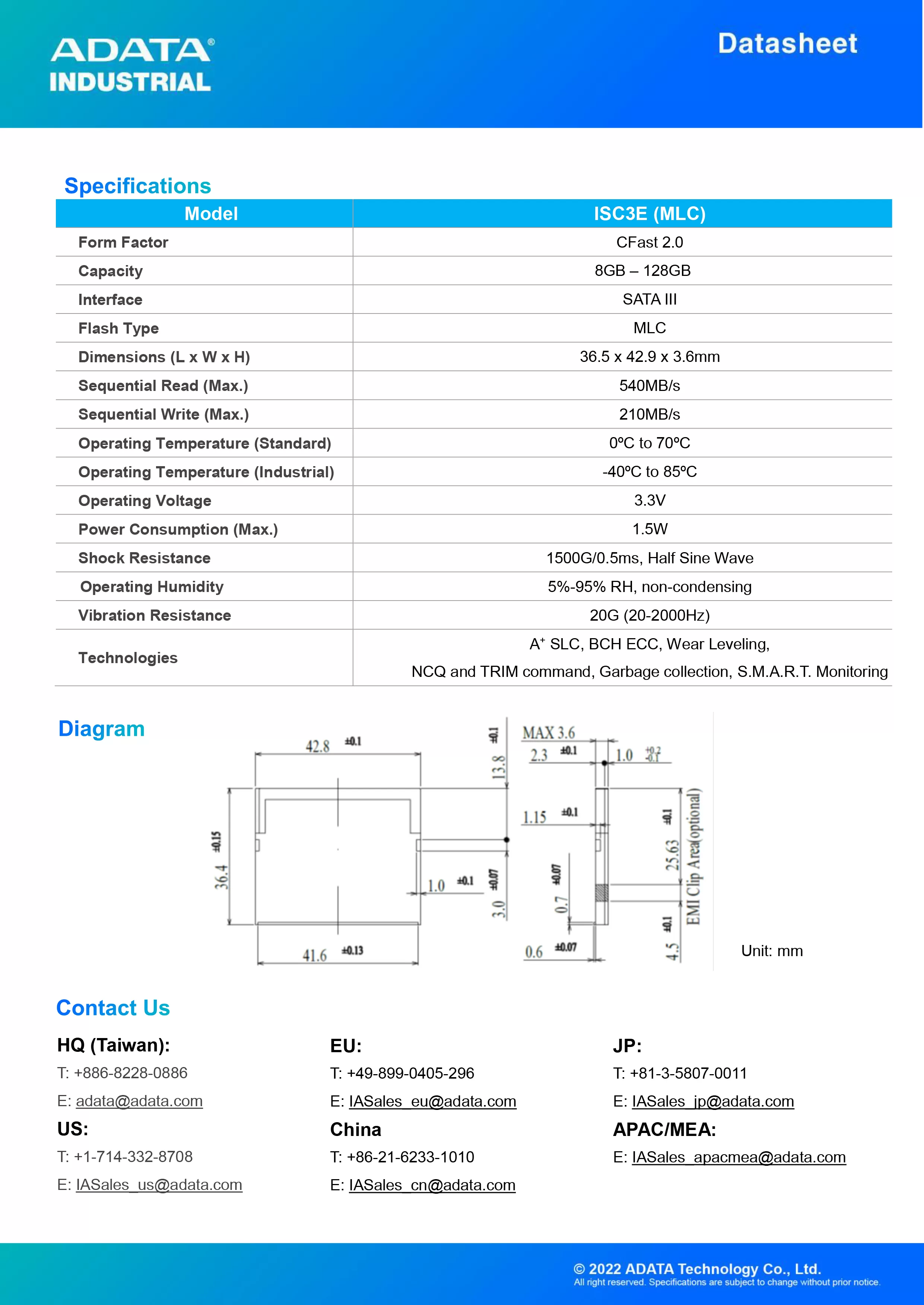 ADATA 威剛 ISC3E MLC 工業級 CFast卡