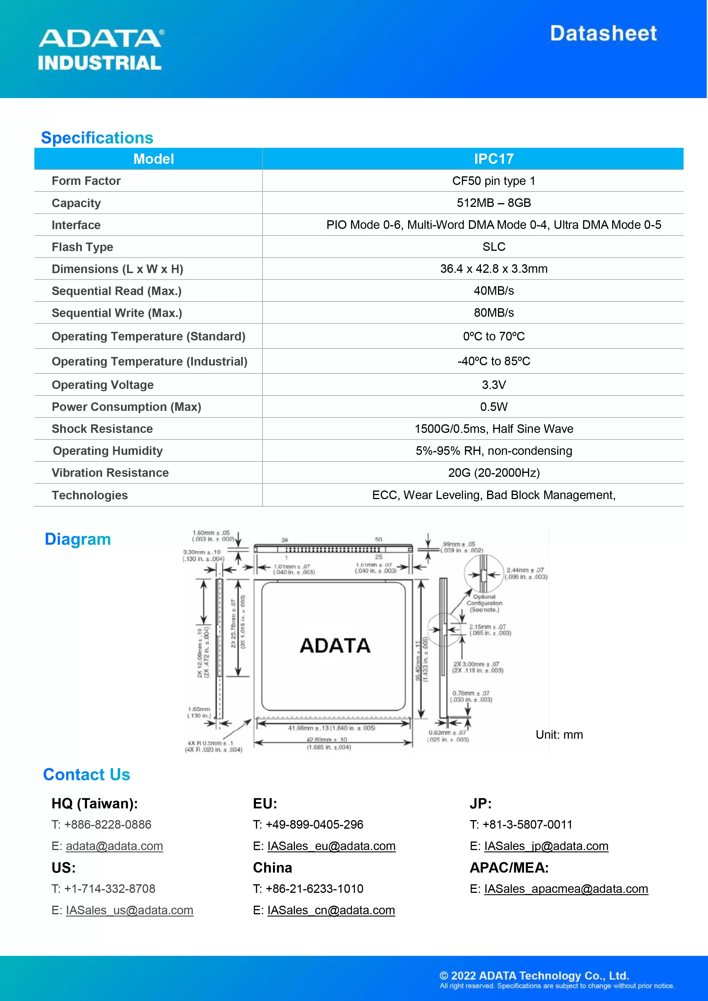 ADATA 威剛 IPC17 工業級 CF卡