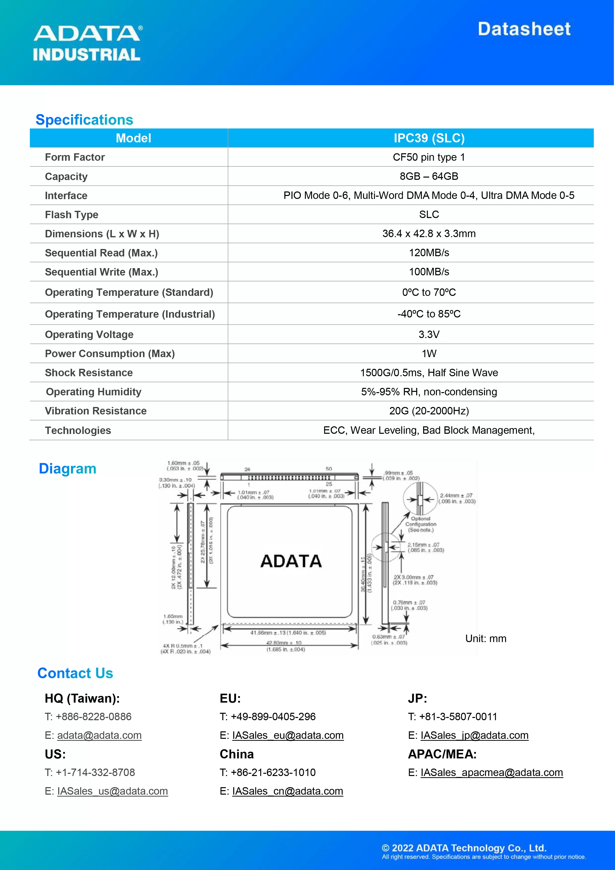 ADATA 威剛 IPC39 (SLC) 工業級 CF卡