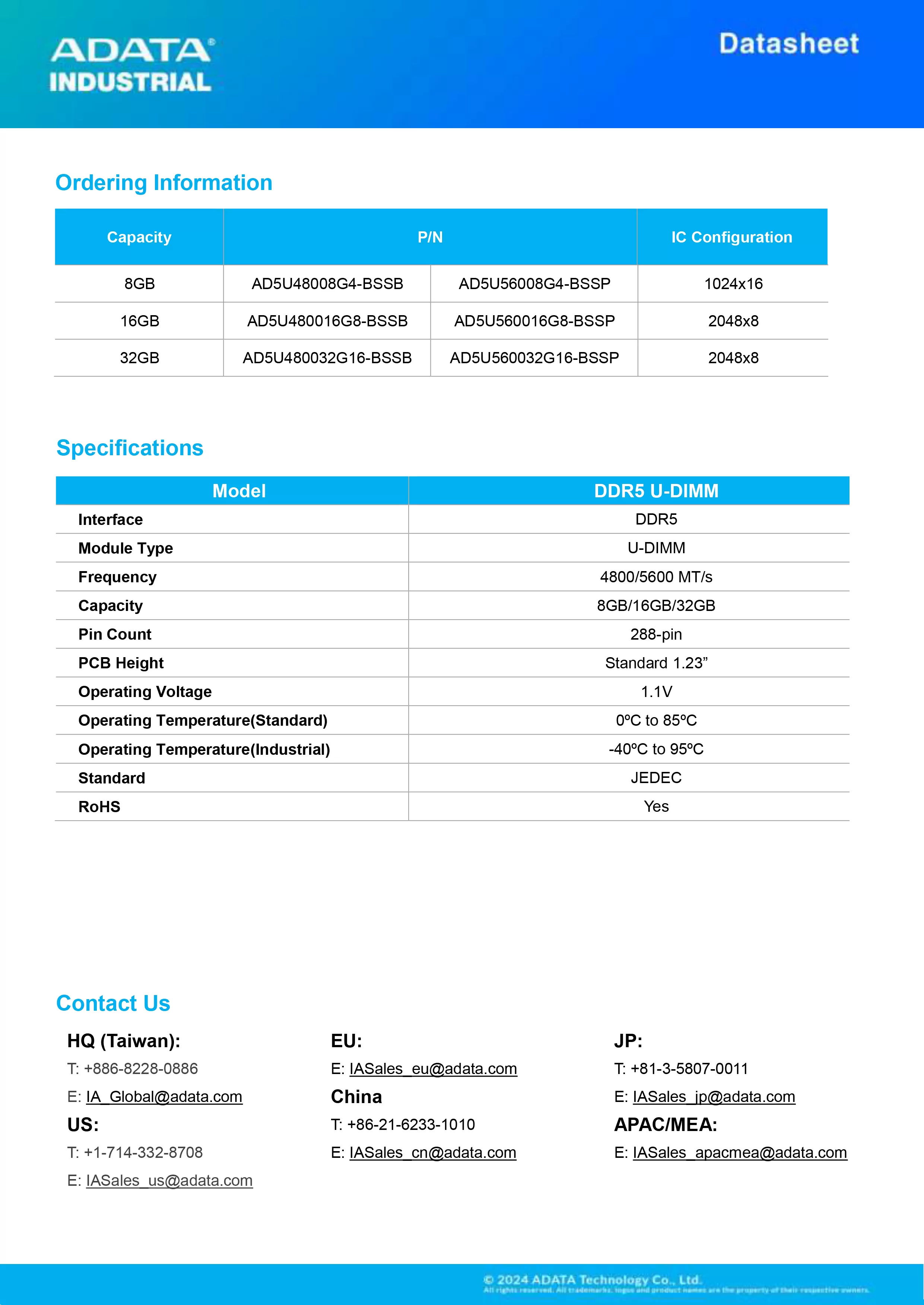 ADATA 威剛 DDR5 U-DIMM 工業級 寬溫版 記憶體模組