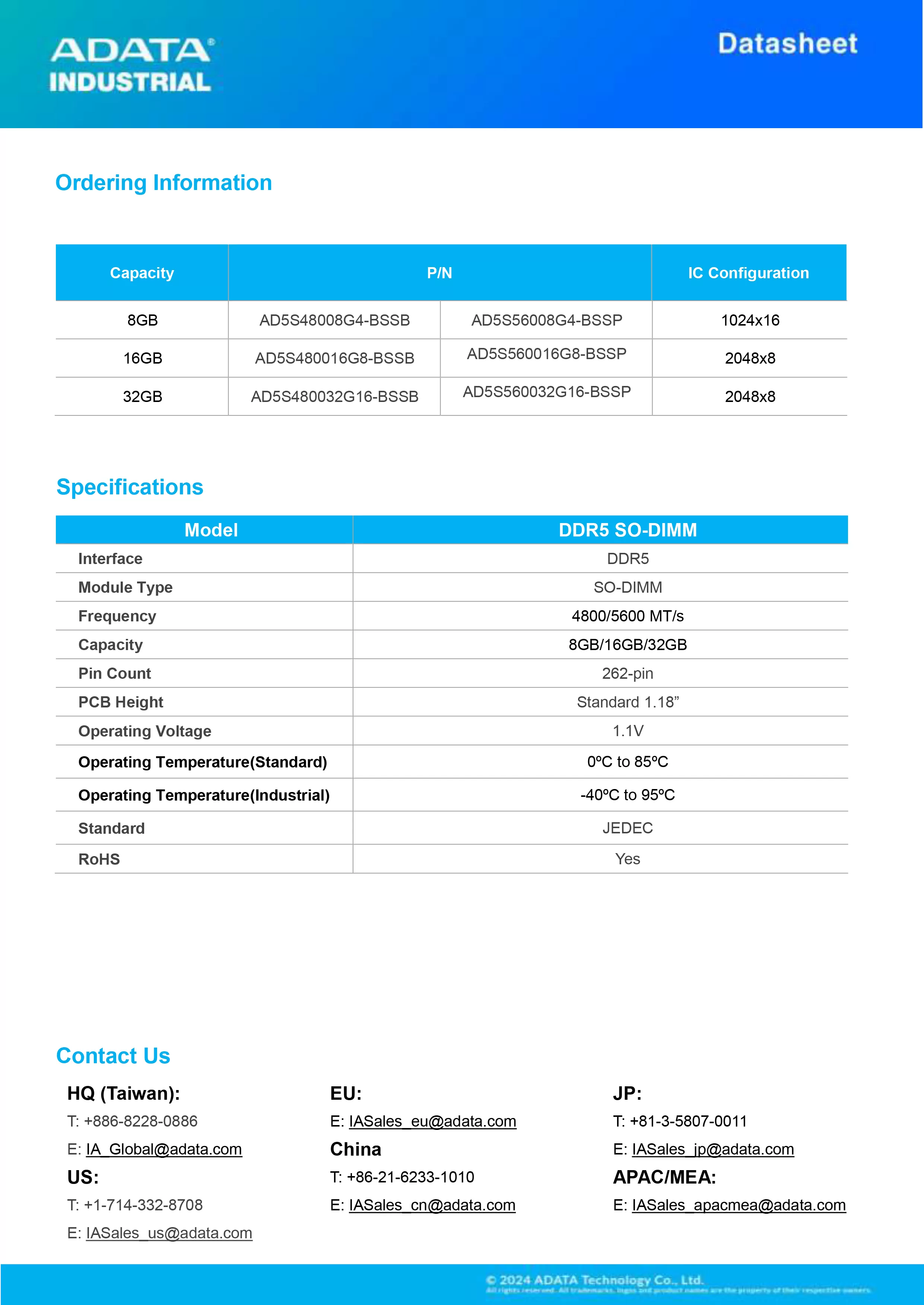 ADATA 威剛 DDR5 SO-DIMM 工業級 寬溫版 記憶體模組