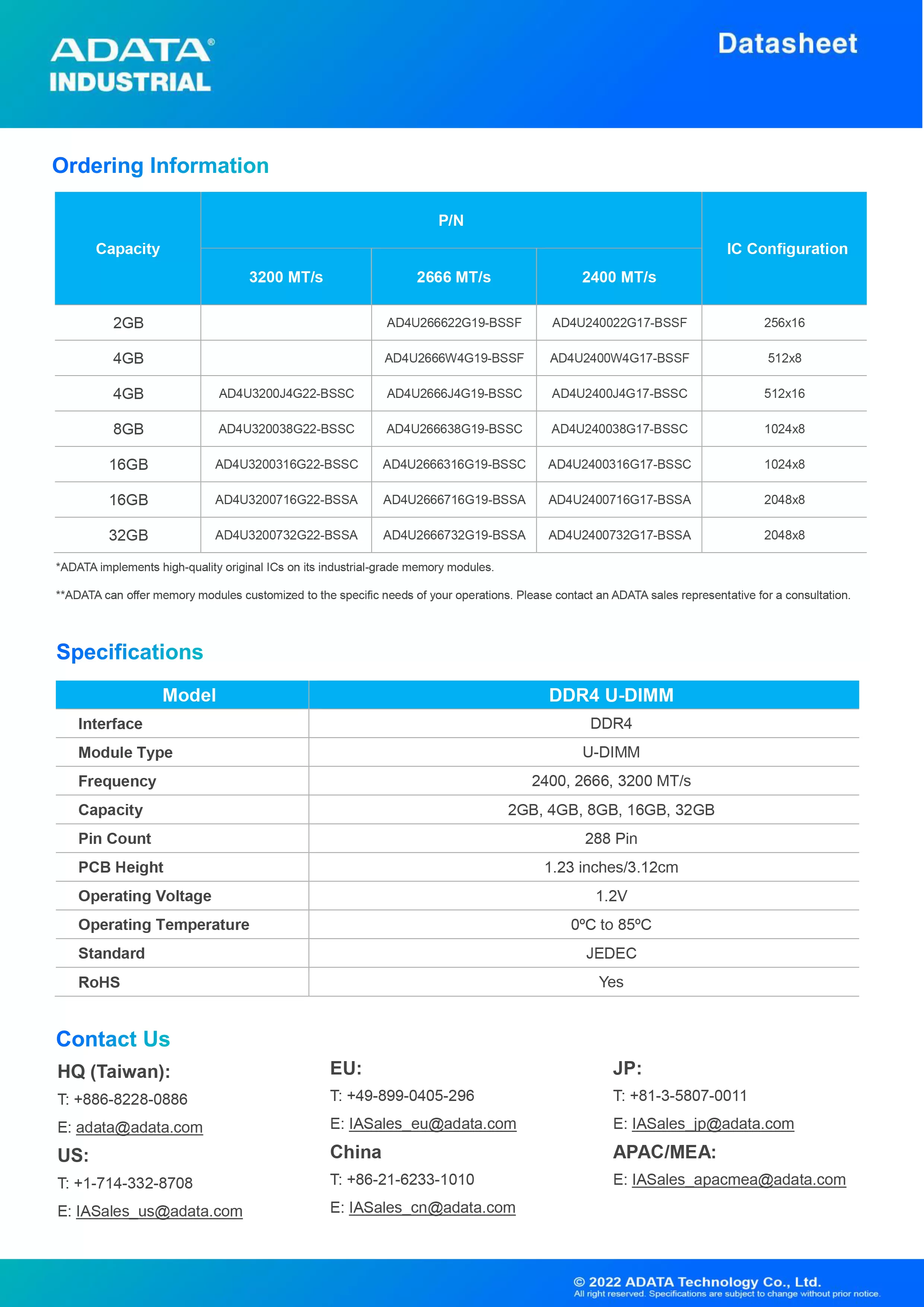 ADATA 威剛 DDR4 U-DIMM 工業級 寬溫版 記憶體模組