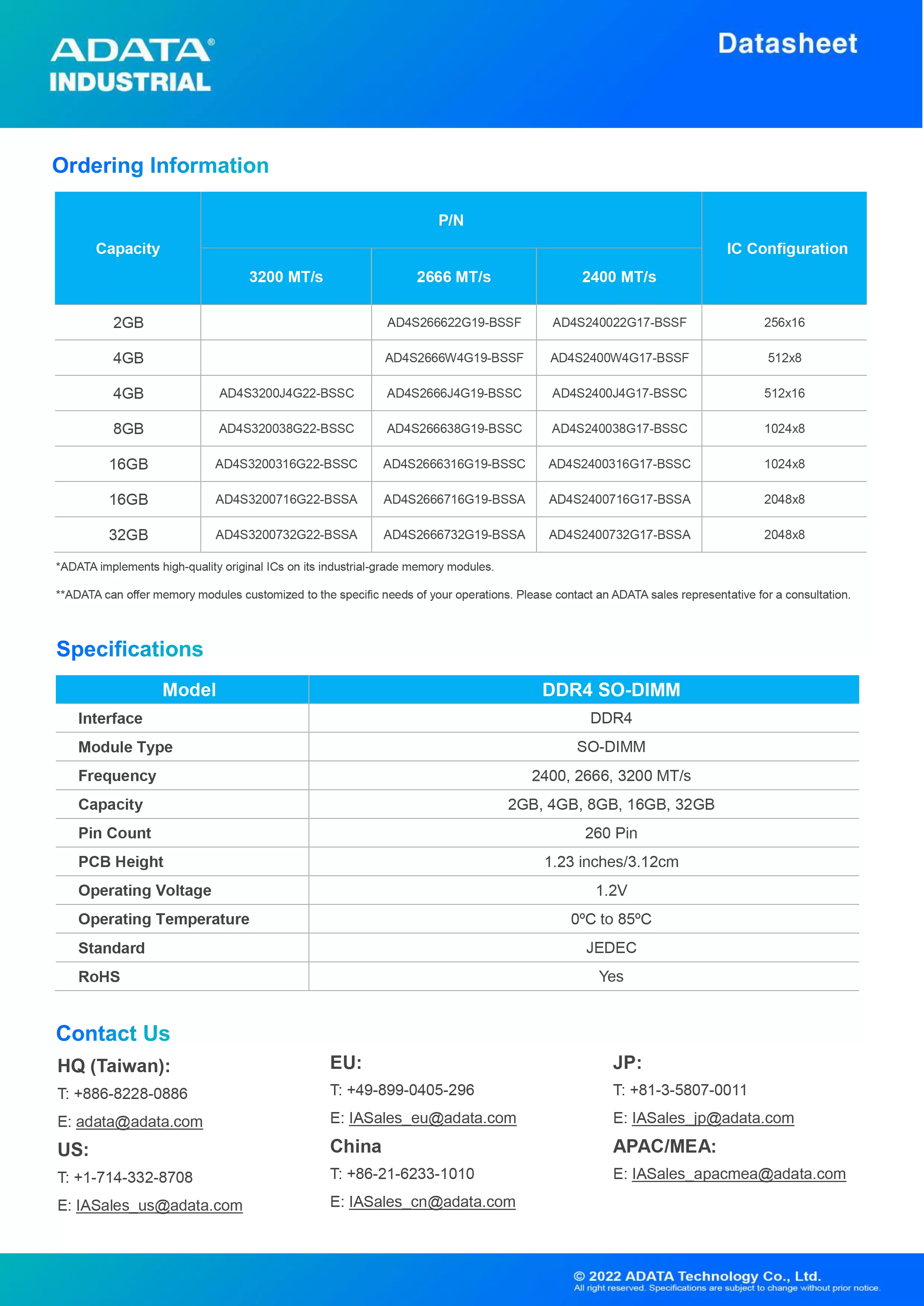 ADATA 威剛 DDR4 SO-DIMM 工業級 寬溫版 記憶體模組