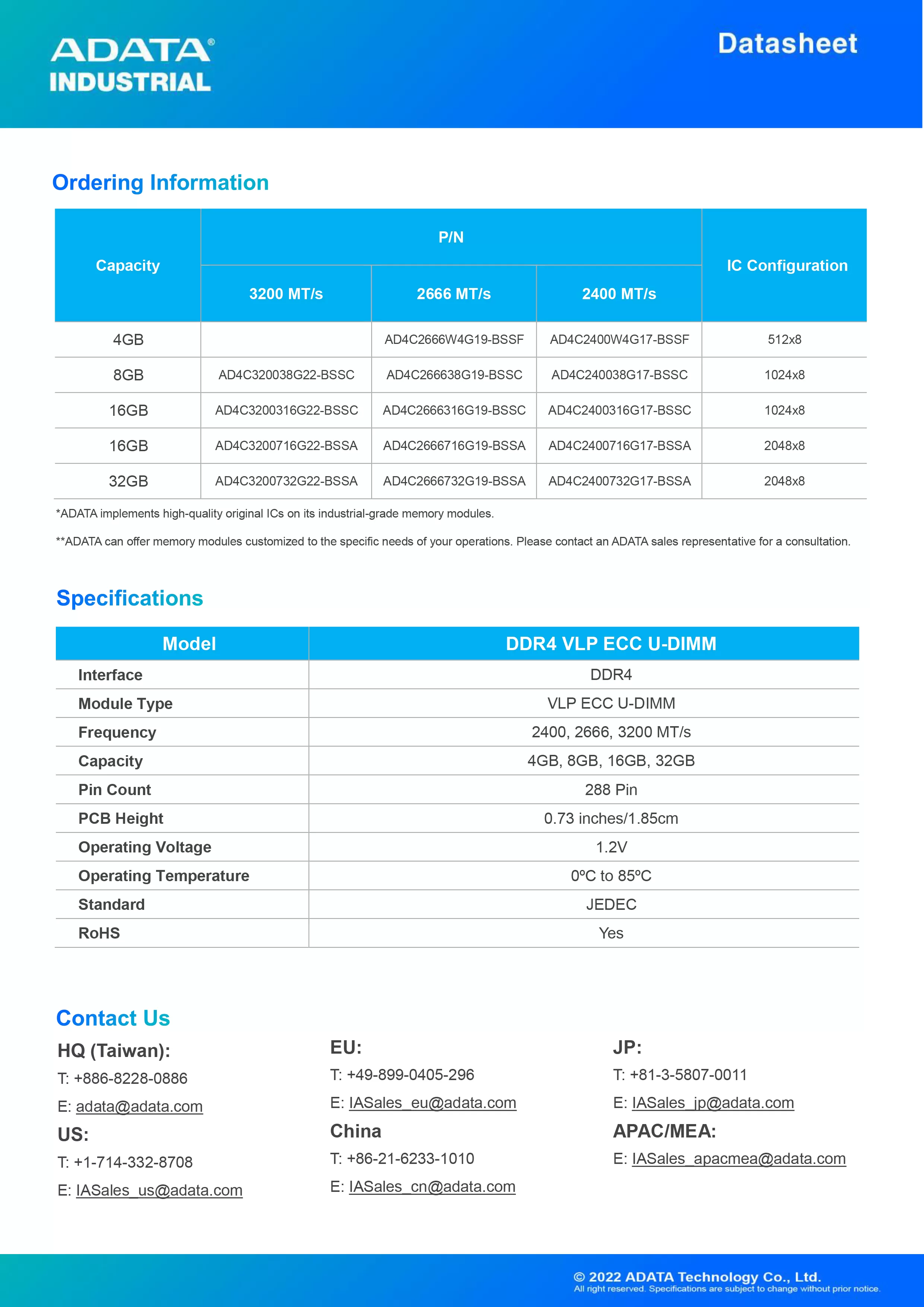 ADATA 威剛 DDR4 VLP ECC U-DIMM 工業級 伺服器 記憶體模組