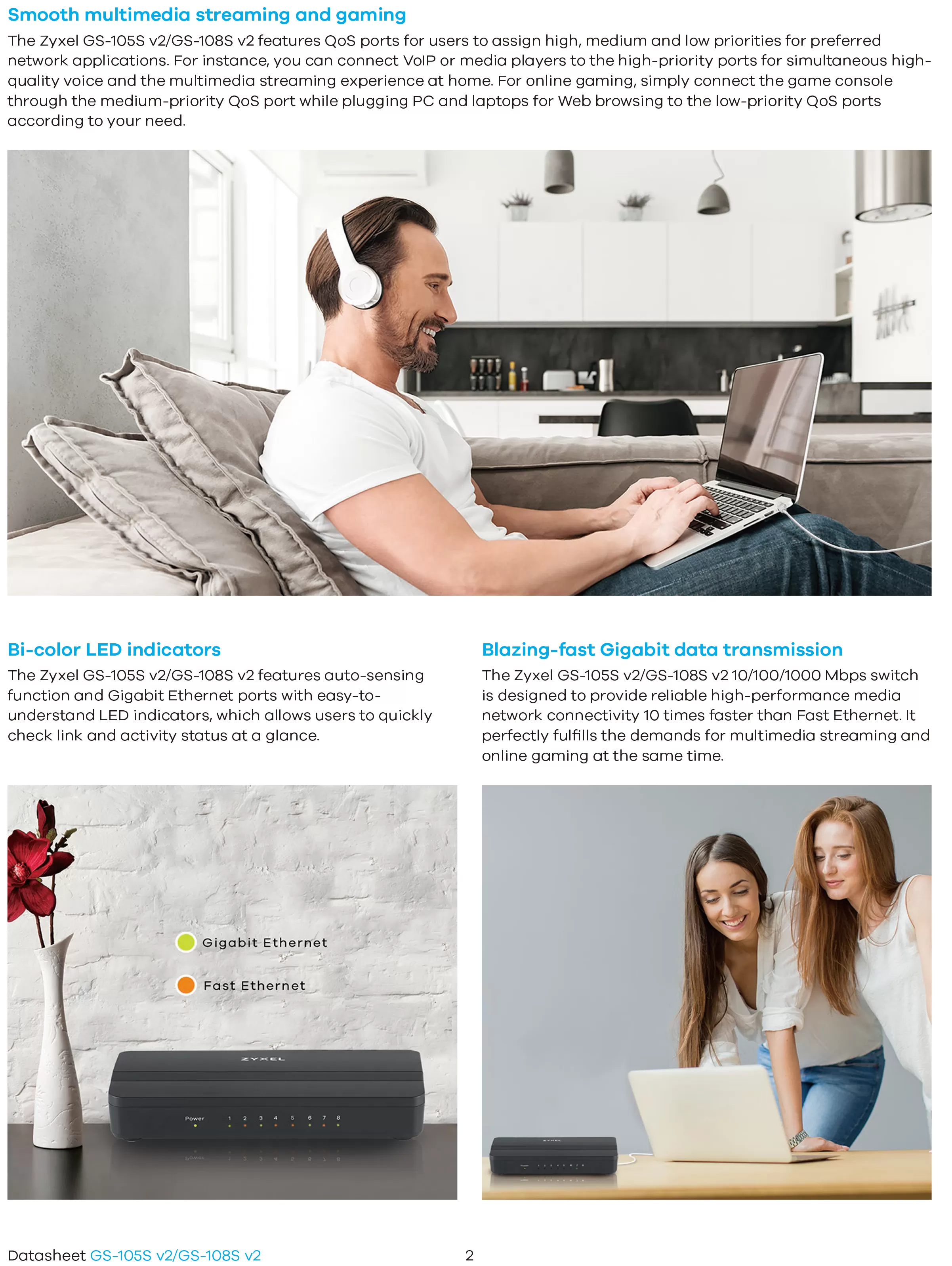 Zyxel 兆勤 GS-108S v2 8埠 桌上型 Gigabit 多媒體乙太網路交換器