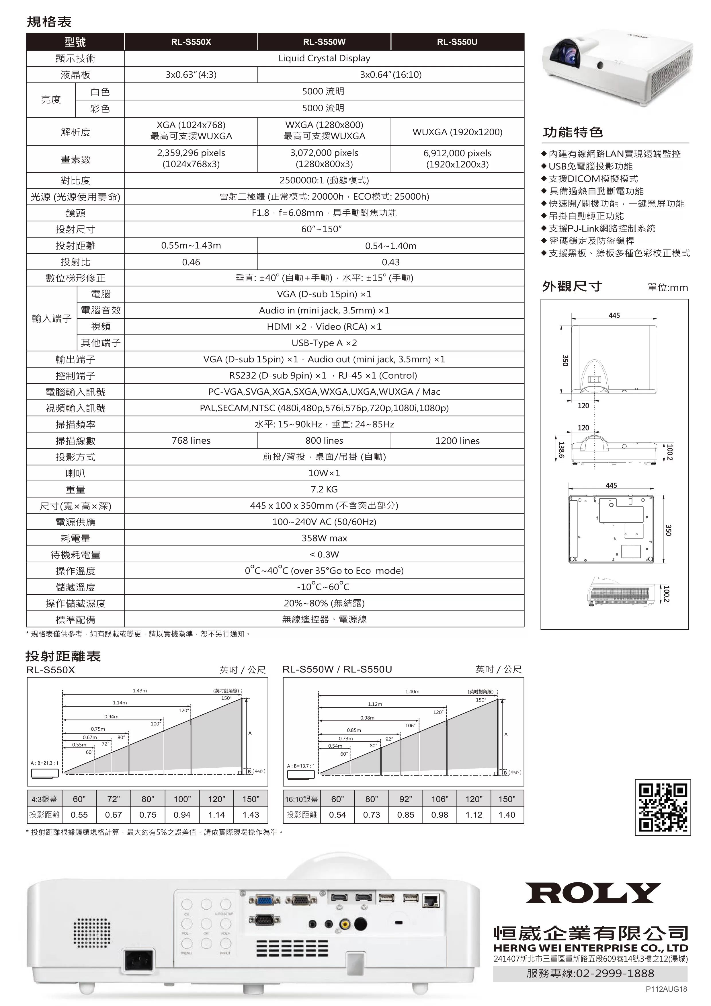 ROLY 樂麗 RL-S550U 雷射短焦投影機