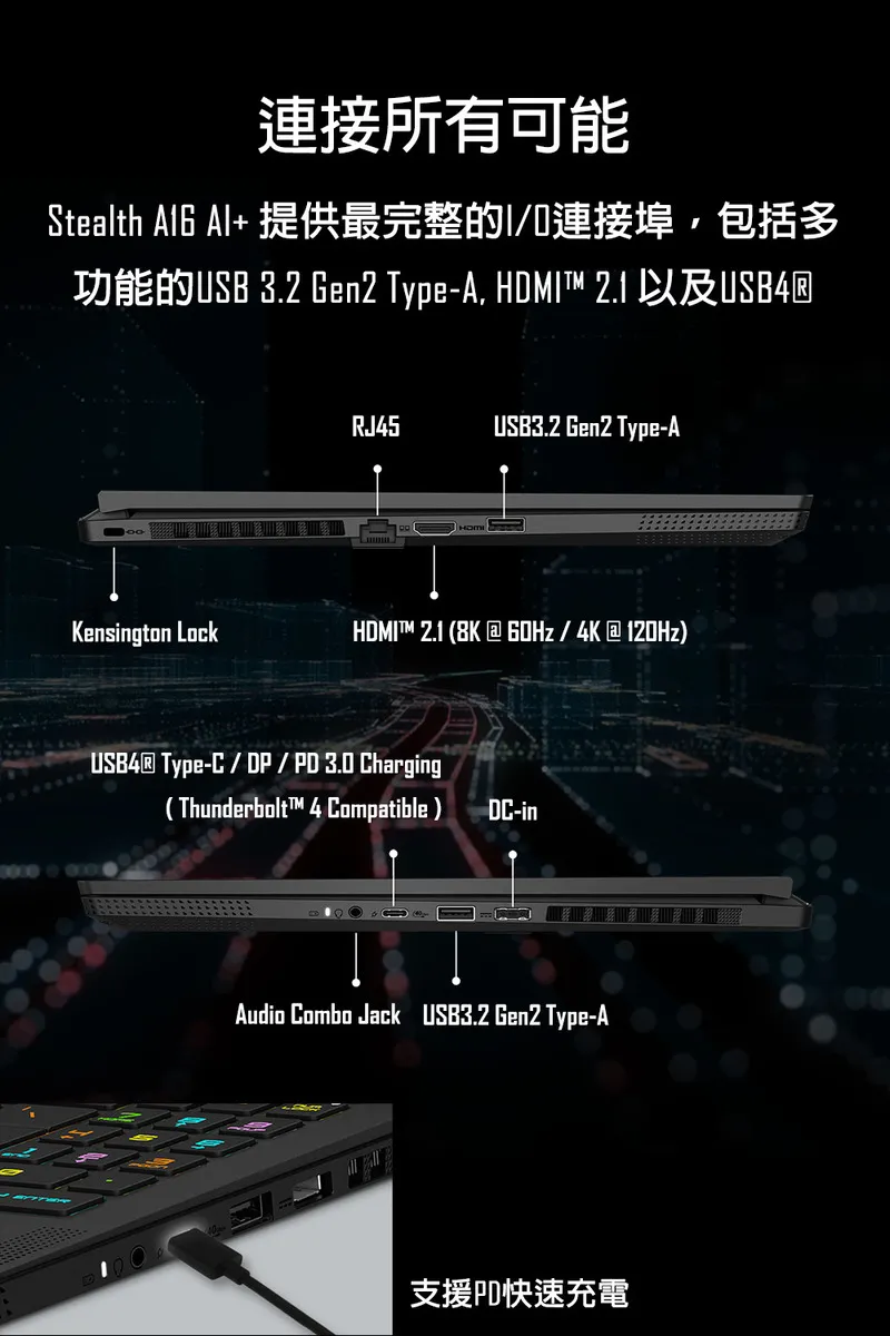 MSI 微星 Stealth A16 AI+ A3HVFG AMD Ryzen™ AI 9 365超高校級處理器 /  RTX4060 GDDR6 8G 頂尖顯示卡 電競筆電