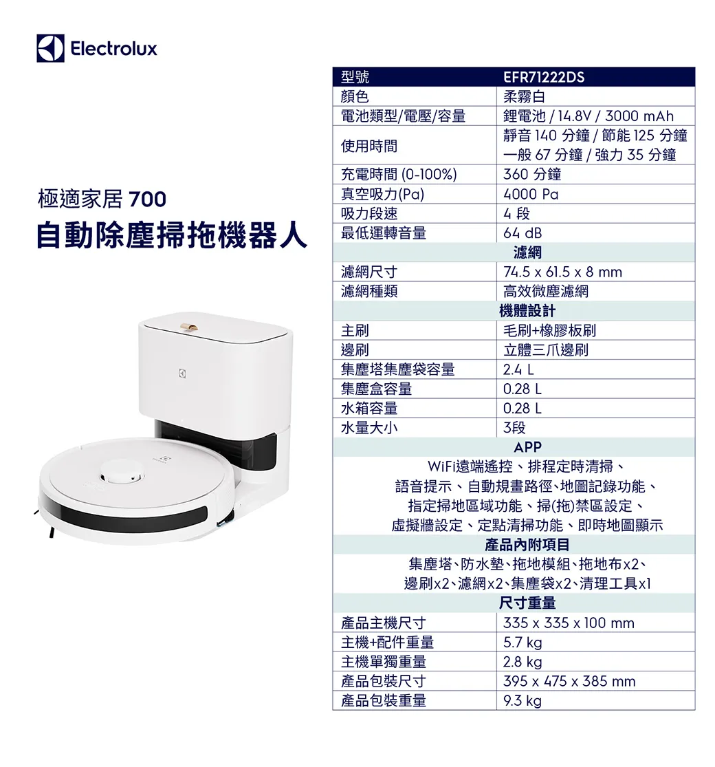 Electrolux 伊萊克斯 EFR71222DS 極適家居700 自動除塵掃拖機器人 (柔霧白)