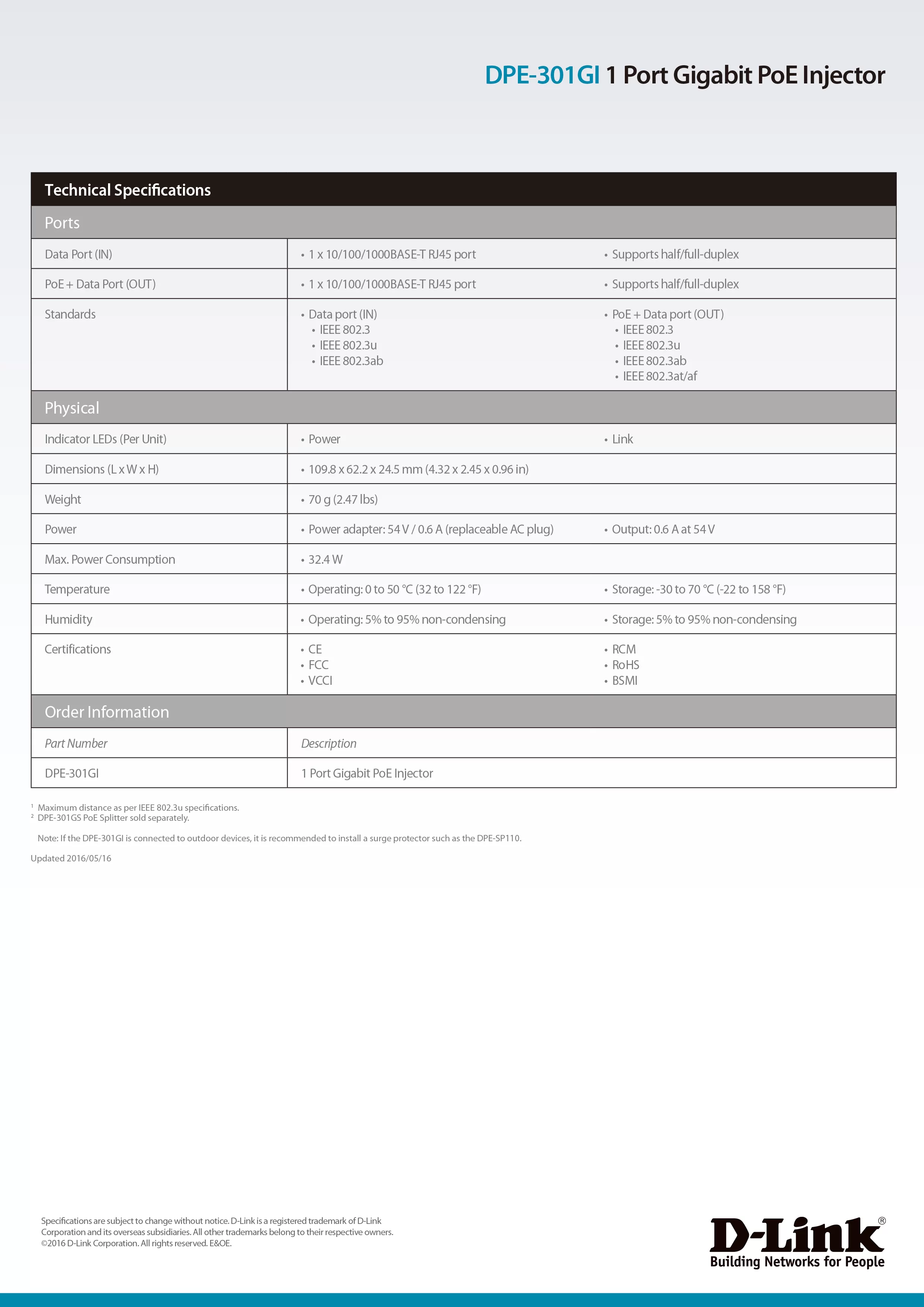 D-Link 友訊 DPE-301GI PoE網路線供電器