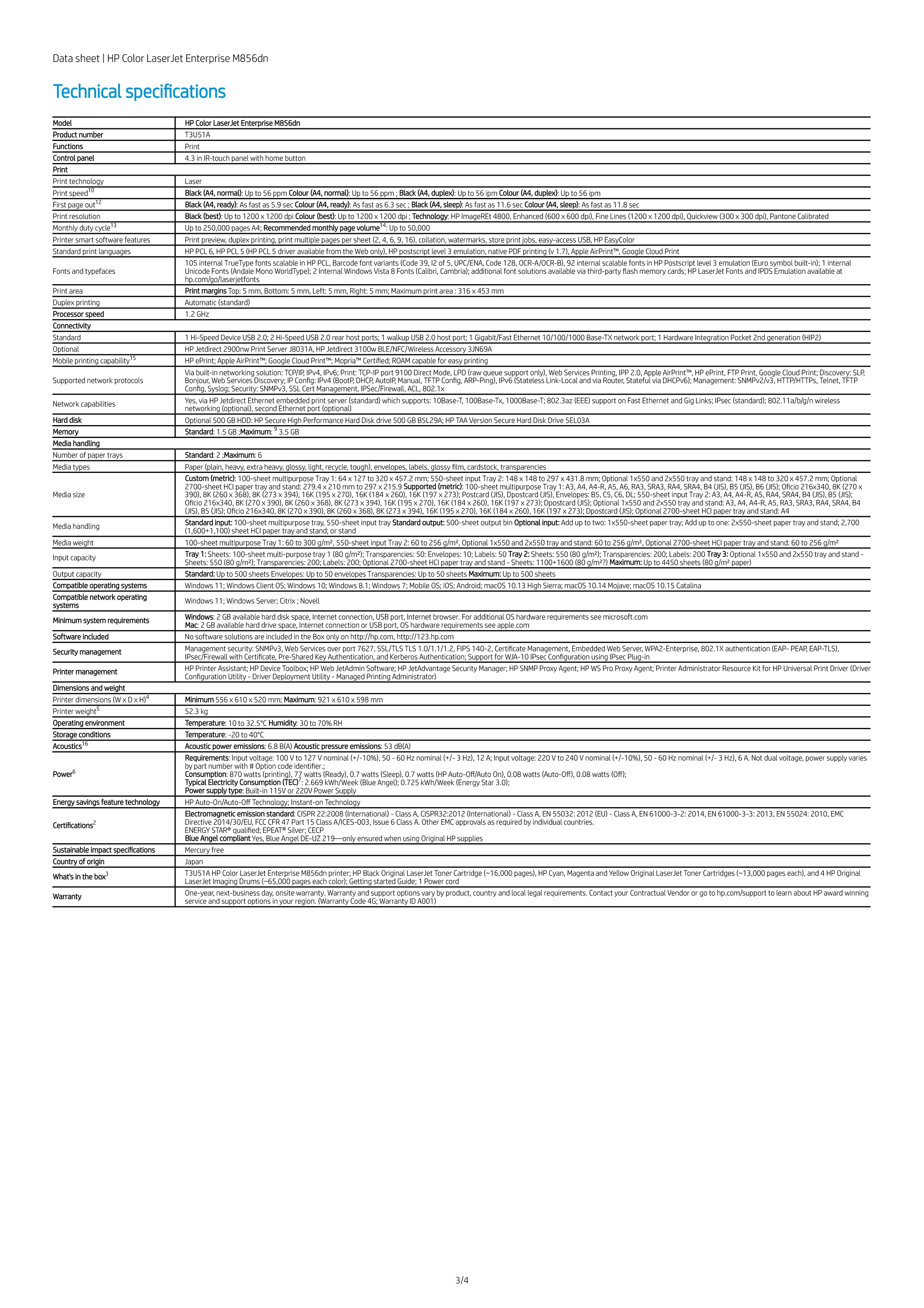 HP 惠普 Color LaserJet M856dn A3雙面列印彩色雷射印表機 (T3U51A)