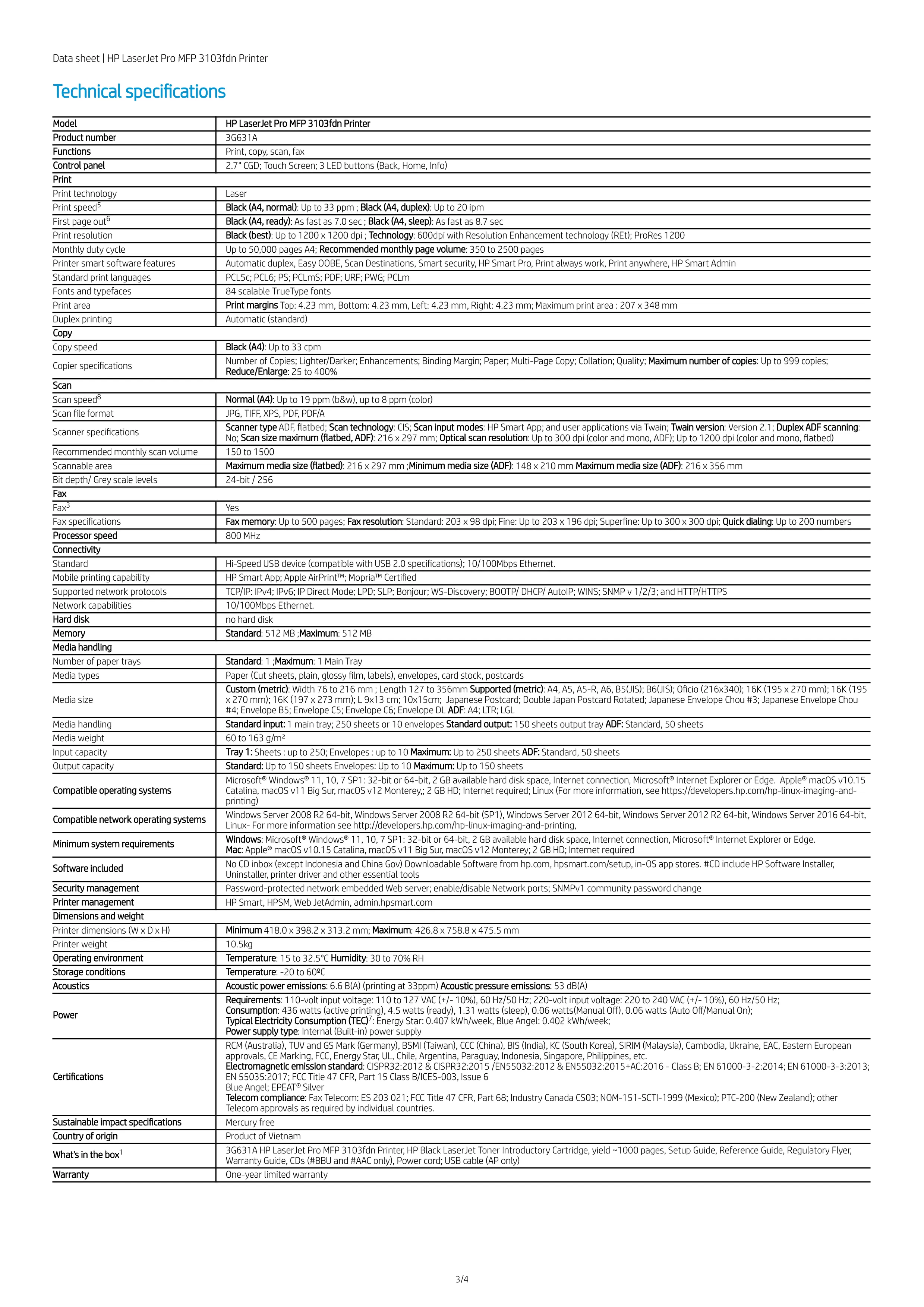 HP 惠普 LaserJet Pro 3103fdn 黑白雷射多功能傳真事務機 (3G631A)