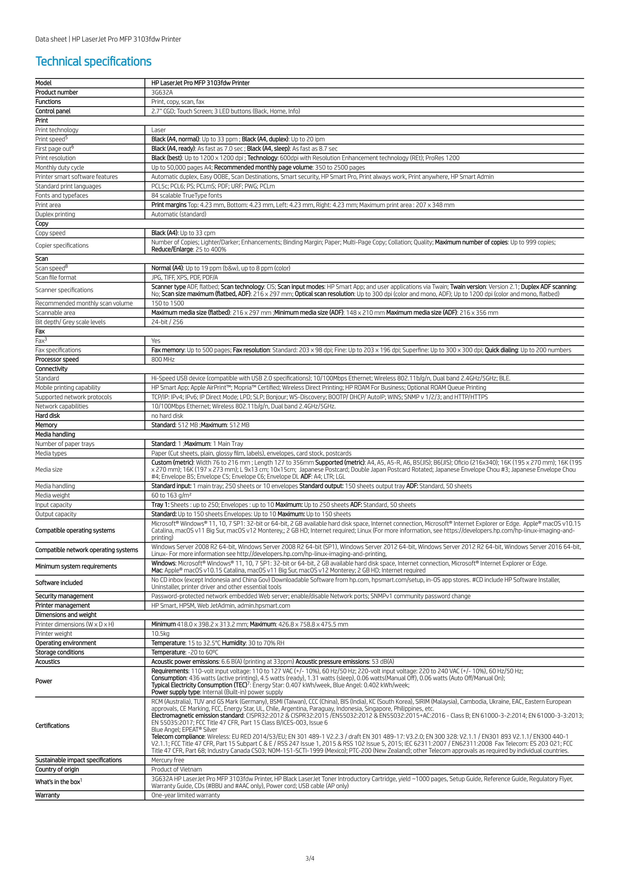 HP 惠普 LaserJet Pro 3103fdw 黑白雷射 無線 傳真事務機 (3G632A)