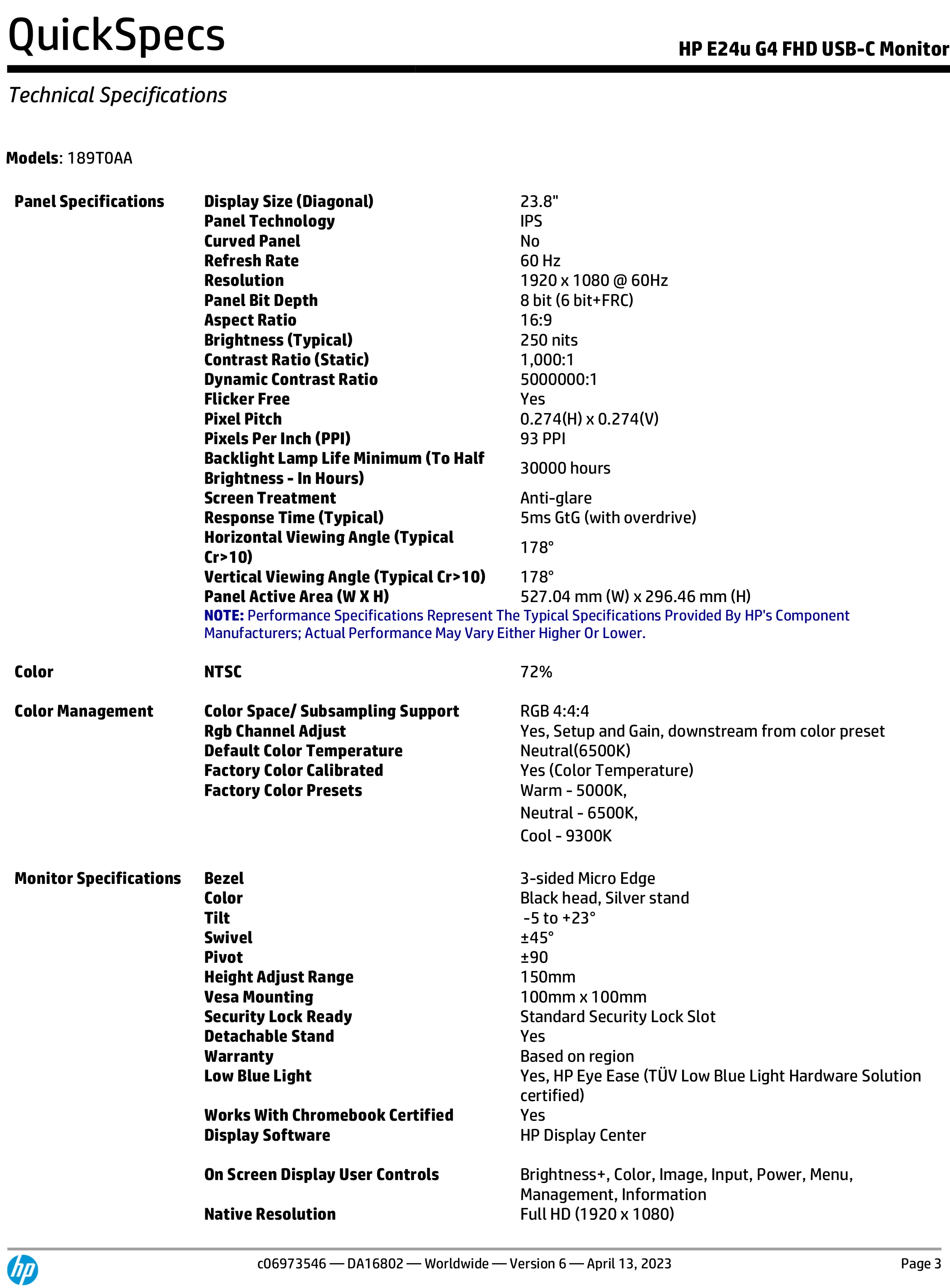 HP 惠普 E24u G4 FHD USB-C 顯示器 (189T0AA)