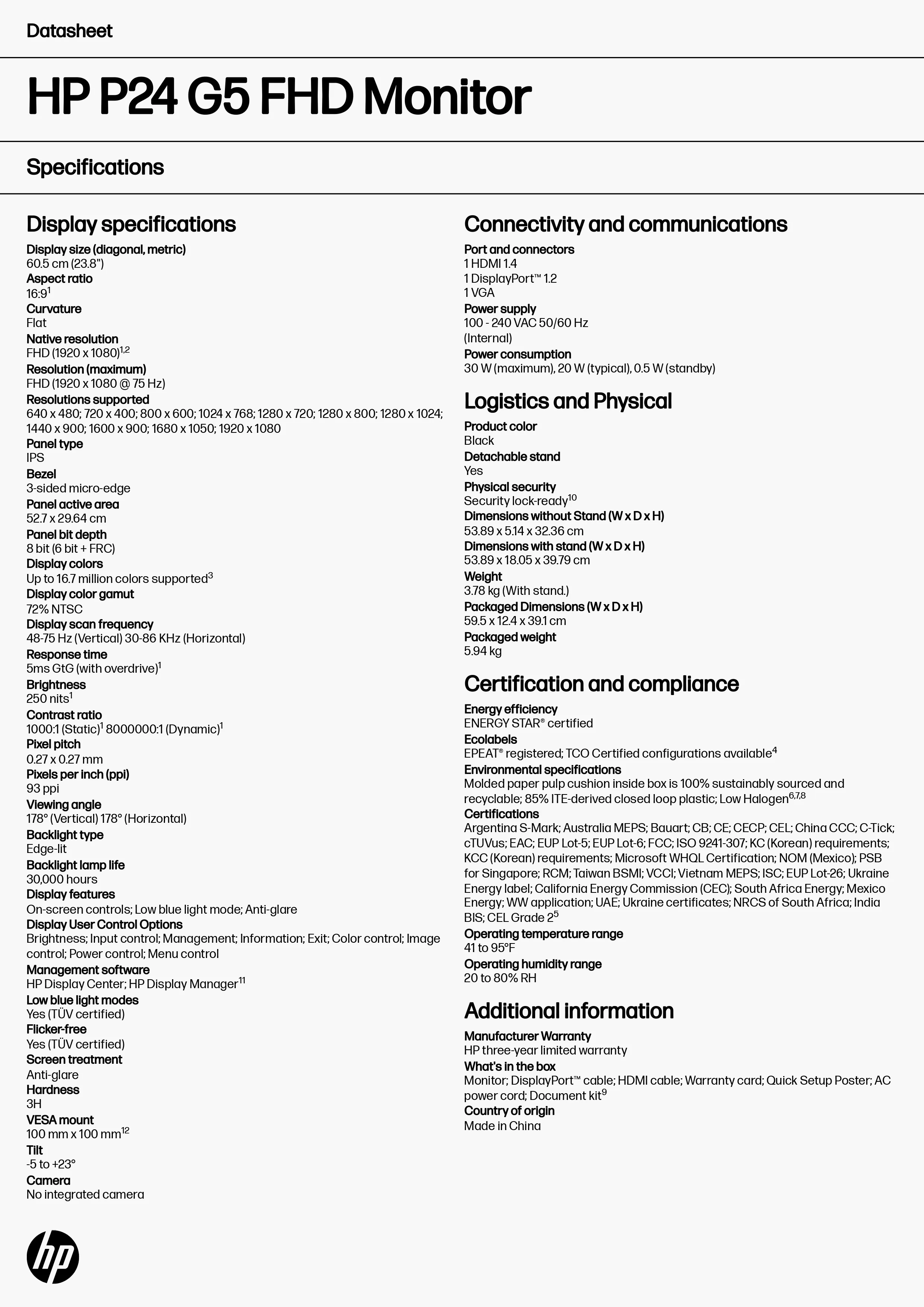 HP 惠普 P24 G5 FHD 顯示器 (64X66AA),實際價格以報價為主,64X66AA,HP惠普P24G5FHD顯示器(64X66AA),原廠保固,大量採購歡迎洽詢