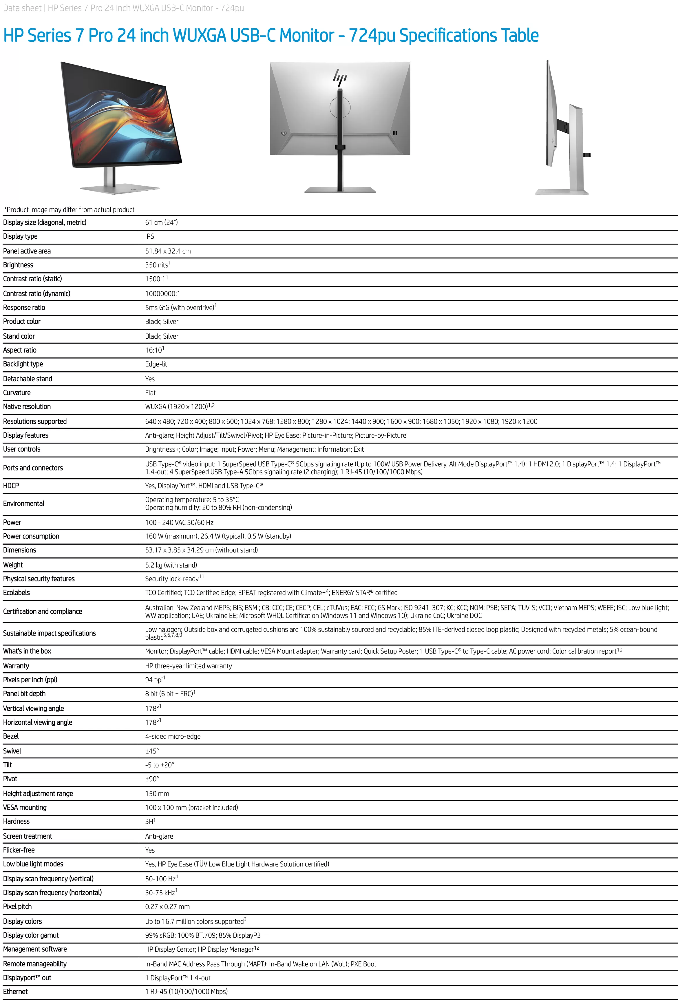 HP 惠普 Series 7 Pro 724pu 24 吋 WUXGA USB-C 顯示器 (8Y2F7AA),實際價格以報價為主,8Y2F7AA,HP惠普Series7Pro724pu24吋WUXGAUSB-C顯示器(8Y2F7AA),原廠保固,大量採購歡迎洽詢