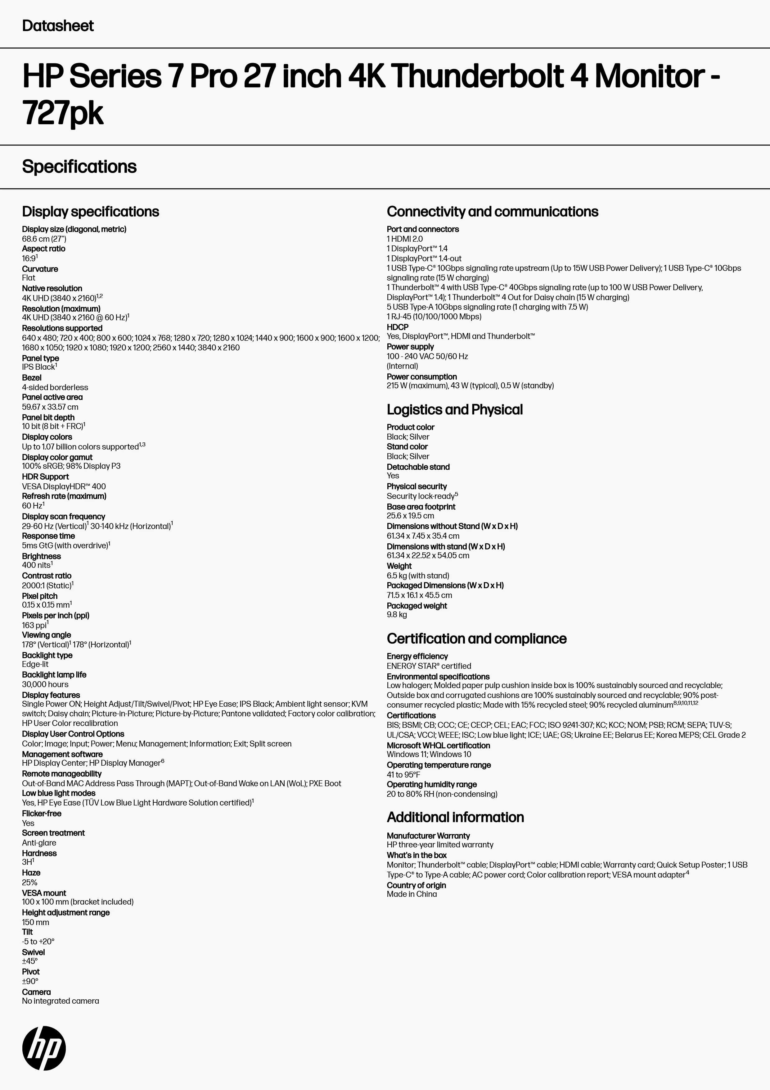 HP 惠普 Series 7 Pro 727pk 27 吋 4K Thunderbolt 4 顯示器 (8J9G2AA),實際價格以報價為主,8J9G2AA,HP惠普Series7Pro727pk27吋4KThunderbolt4顯示器(8J9G2AA),原廠保固,大量採購歡迎洽詢