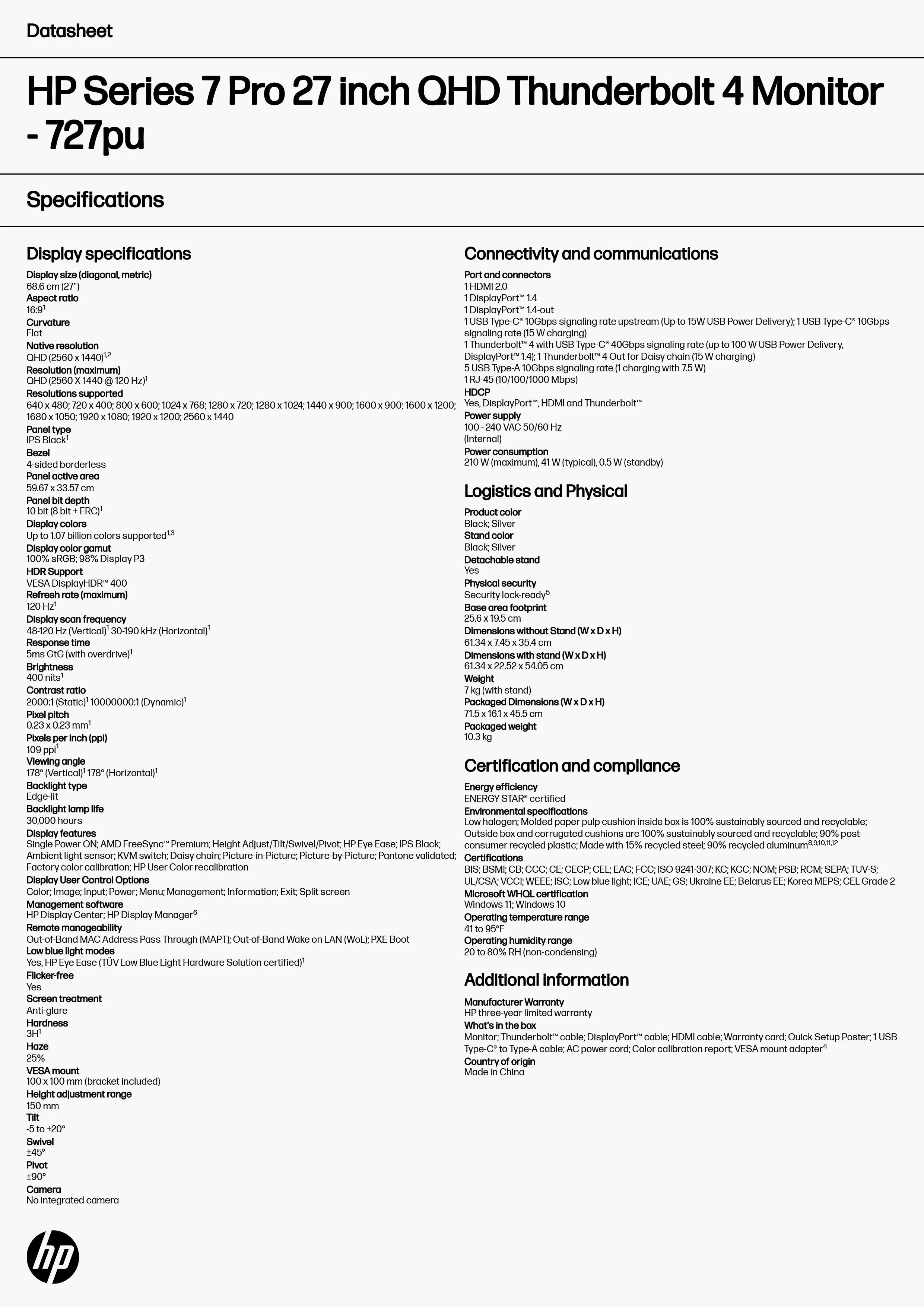 HP 惠普 Series 7 Pro 727pu 27 吋 QHD Thunderbolt 4 顯示器 (8J9E6AA),實際價格以報價為主,8J9E6AA,HP惠普Series7Pro727pu27吋QHDThunderbolt4顯示器(8J9E6AA),原廠保固,大量採購歡迎洽詢