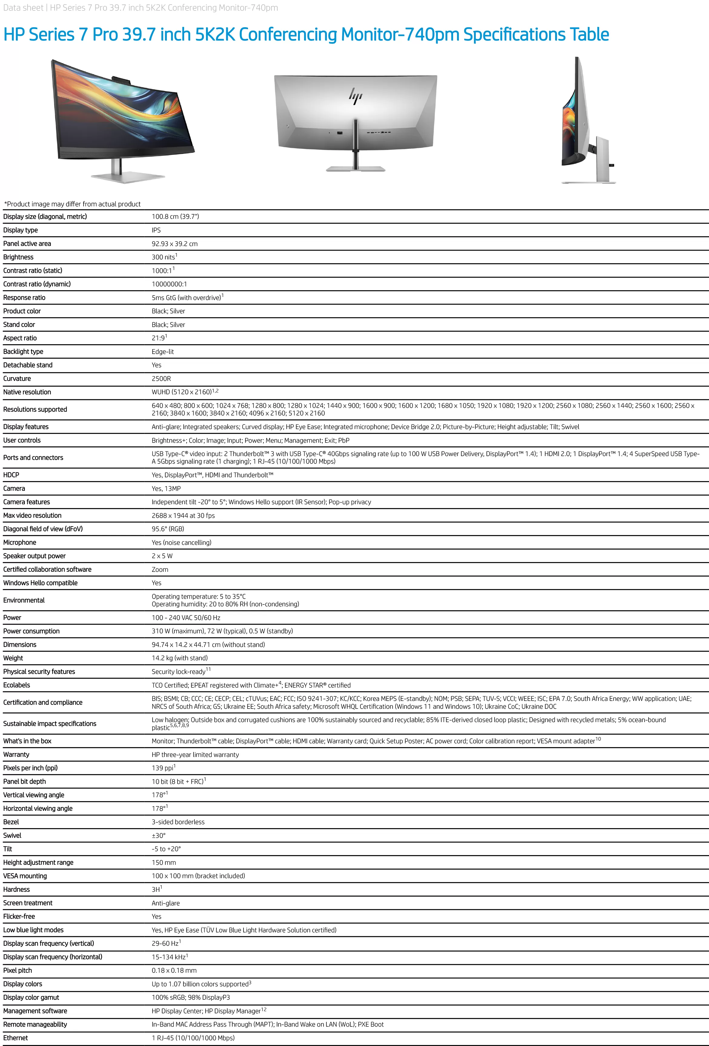 HP 惠普 Series 7 Pro 740pm 39.7 吋 5K2K 會議顯示器 (8Y2R2AA),實際價格以報價為主,8Y2R2AA,HP惠普Series7Pro740pm39.7吋5K2K會議顯示器(8Y2R2AA),原廠保固,大量採購歡迎洽詢