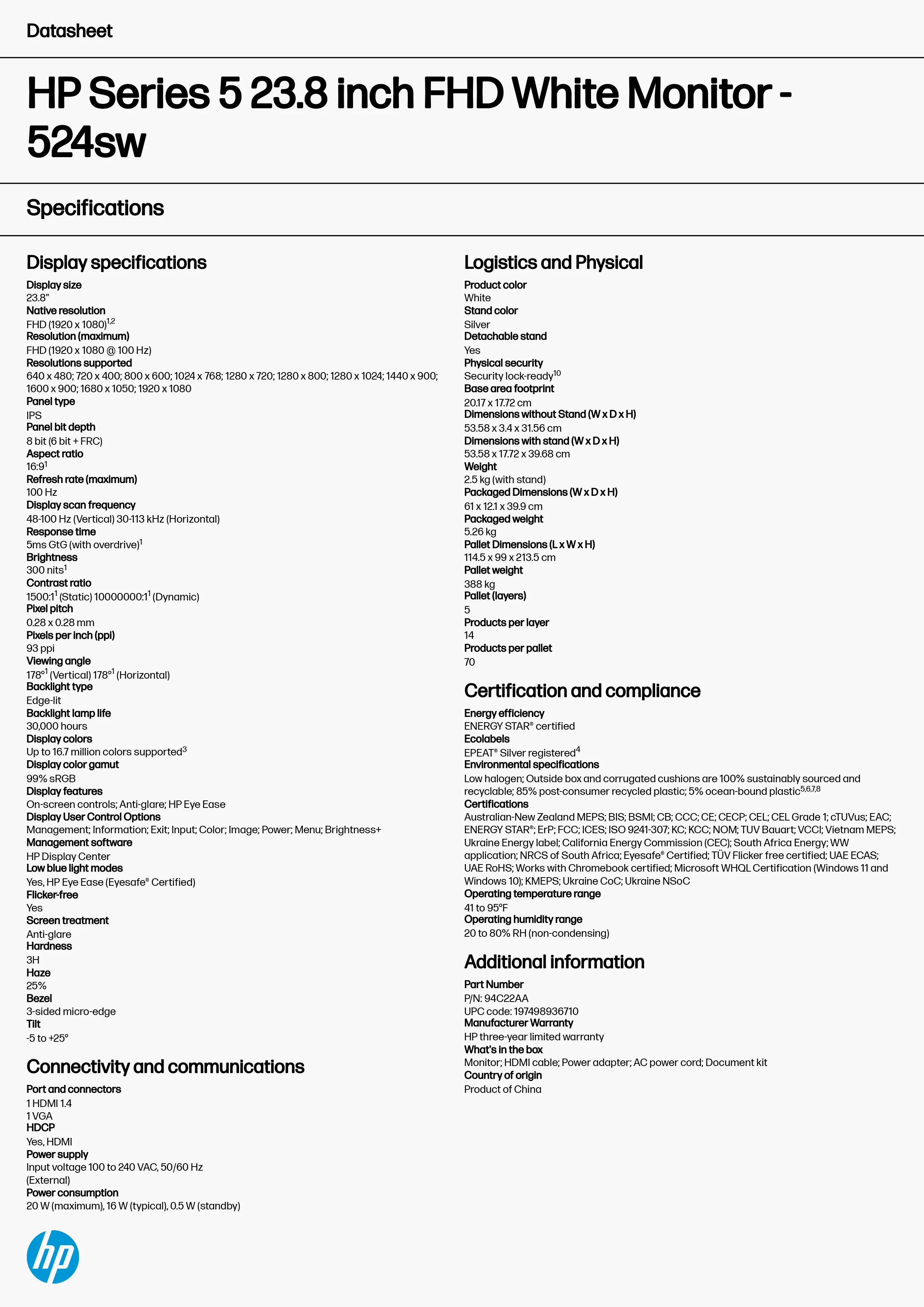 HP 惠普 Series 5 524sw 23.8 吋 FHD 白色顯示器 (94C22AA),實際價格以報價為主,94C22AA,HP惠普Series5524sw23.8吋FHD白色顯示器(94C22AA),原廠保固,大量採購歡迎洽詢