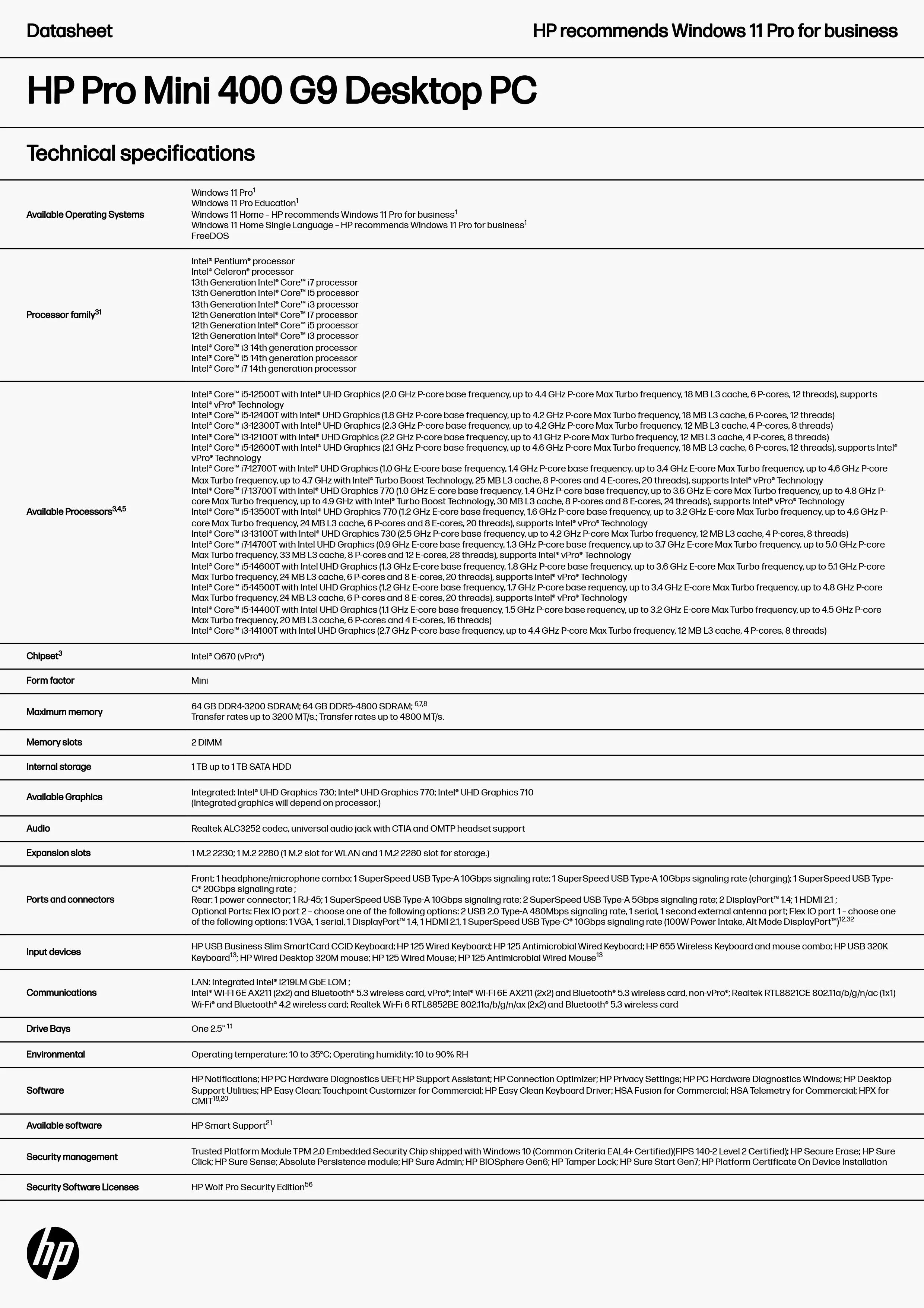 HP 惠普 Pro Mini 400 G9 桌上型電腦 (8Q3D7PA)