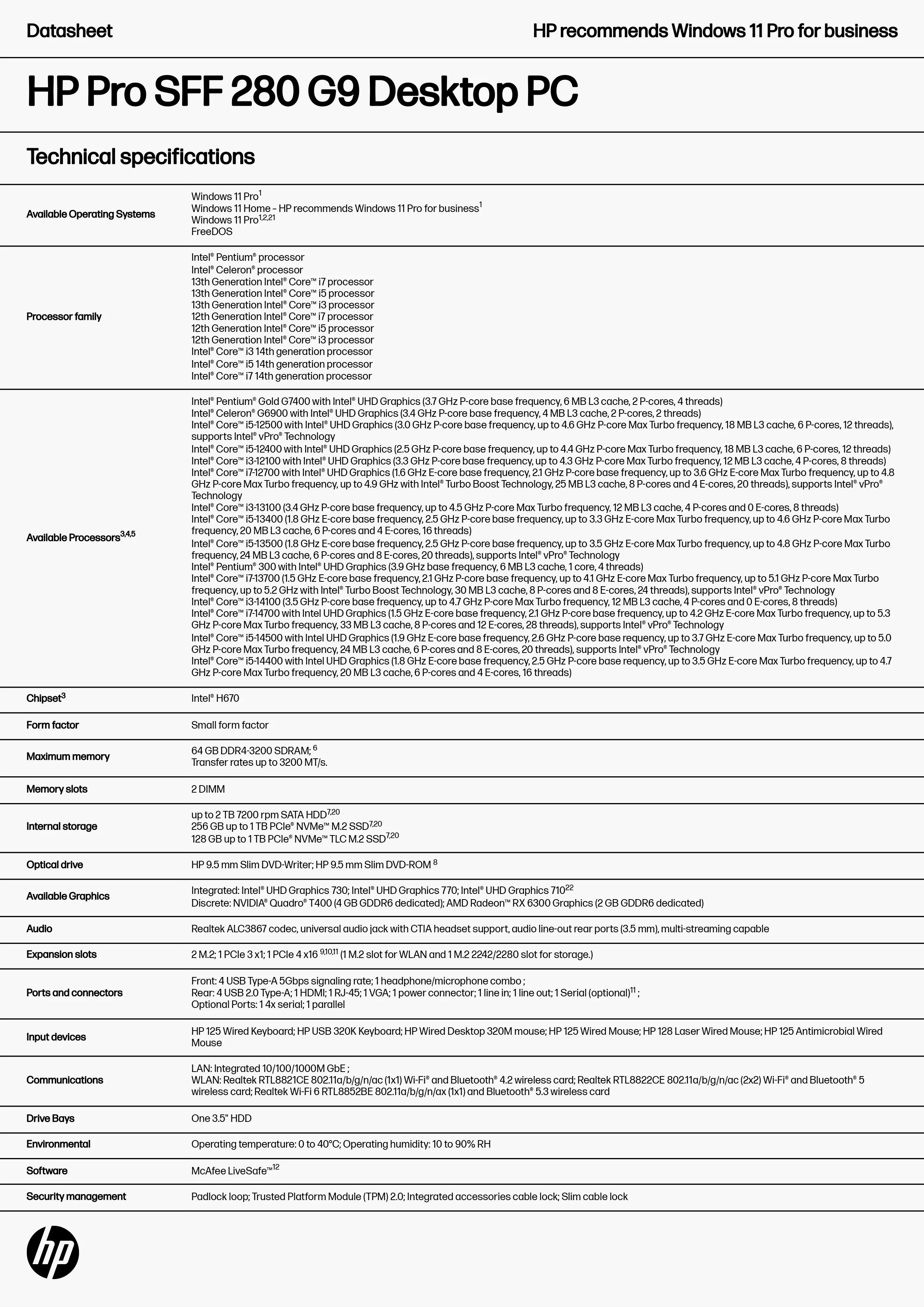 HP 惠普 Pro SFF 280 G9 桌上型電腦套件 (91Y93PA),91Y93PA,HP惠普ProSFF280G9桌上型電腦套件(91Y93PA),原廠保固,大量採購歡迎洽詢,商品特色