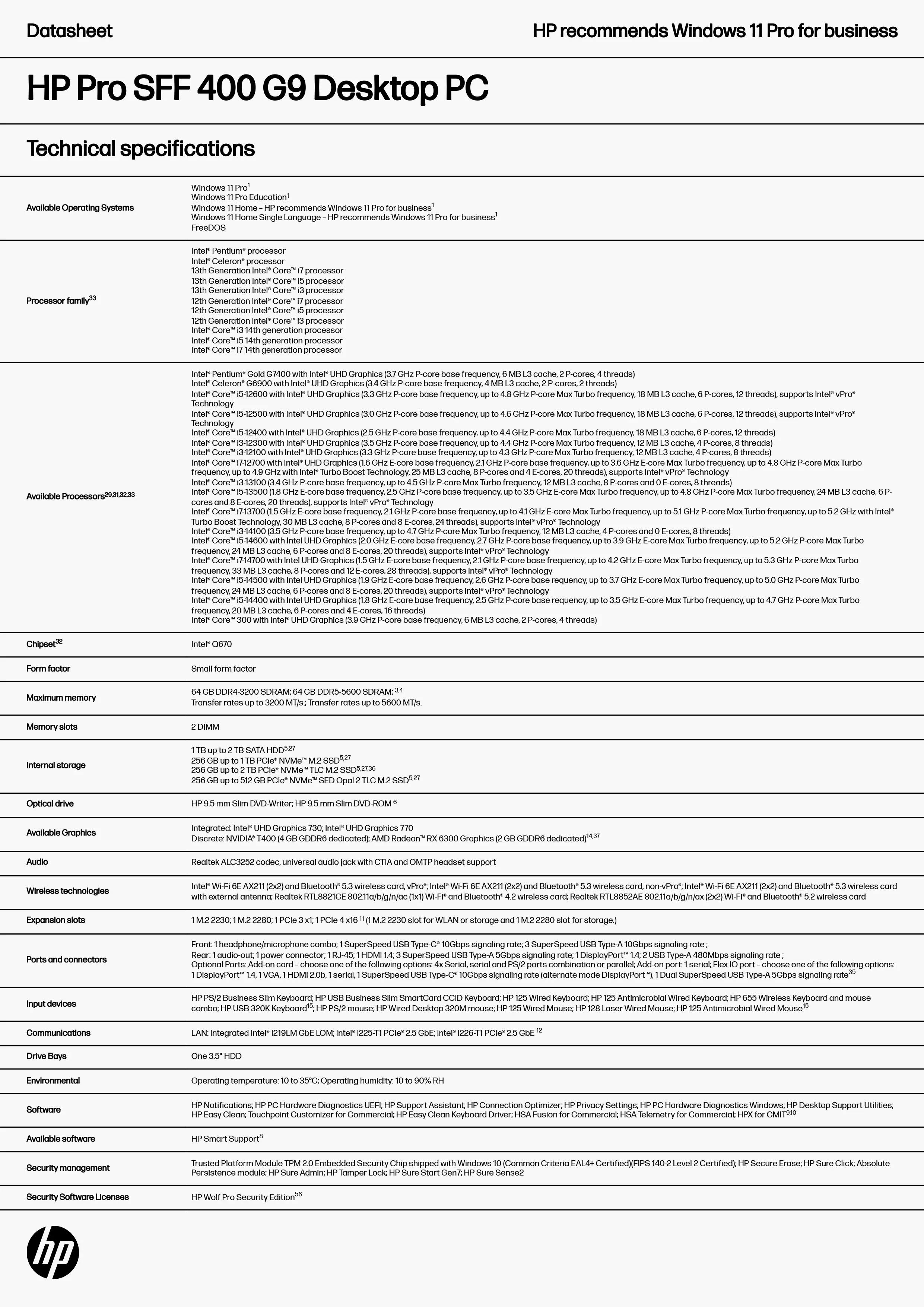HP 惠普 Pro SFF 400 G9 桌上型電腦套件 (9C8A5PA)