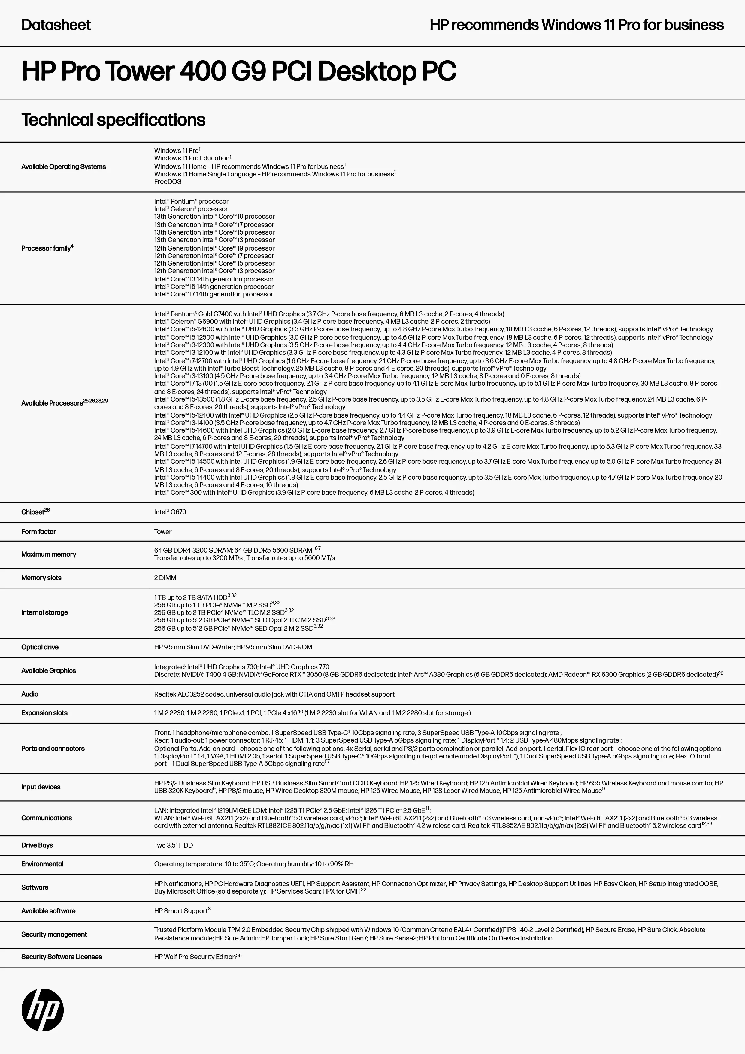 HP 惠普 Pro Tower 400 G9 PCI 桌上型電腦套件 (9W7H1PA)