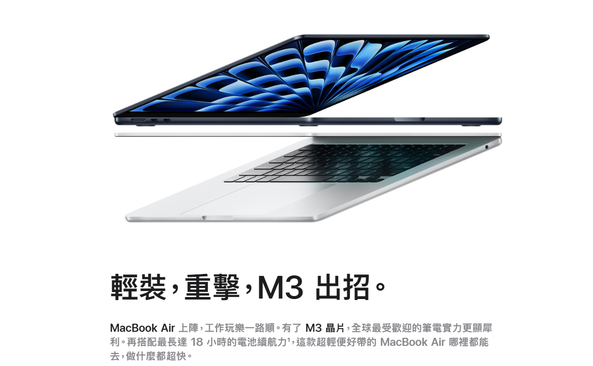 Apple 13 吋 午夜色 MacBook Air M2晶片 8 核心 CPU 8 核心 GPU 16GB 統一記憶體 256GB SSD 儲存裝置