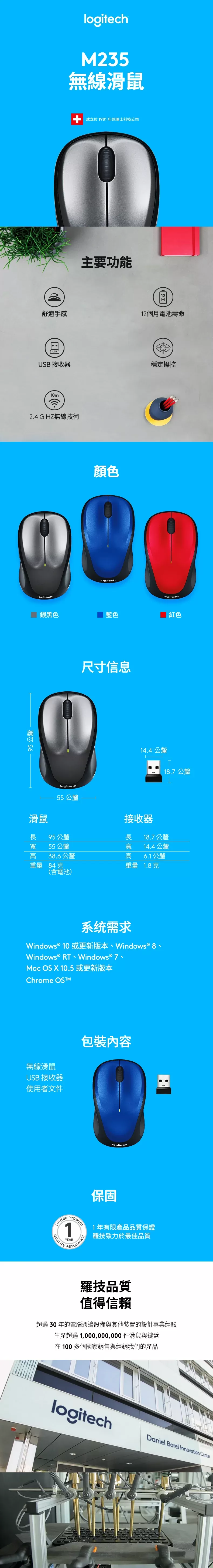 Logitech 羅技 M235n無線滑鼠 - 藍(不支援Unifying)