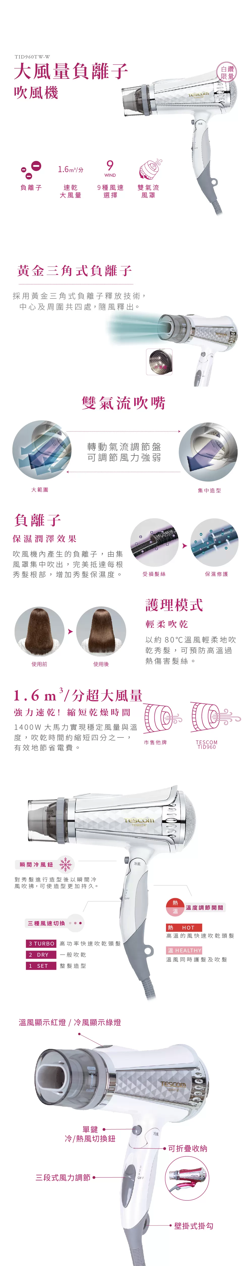 TESCOM 大風量負離子吹風機 TID960TW 白鑽