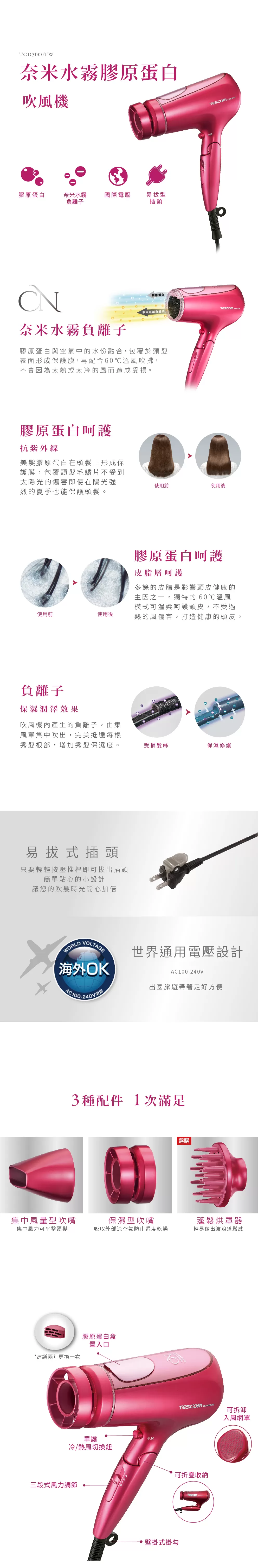 TESCOM 奈米水霧 膠原蛋白吹風機 TCD3000TW