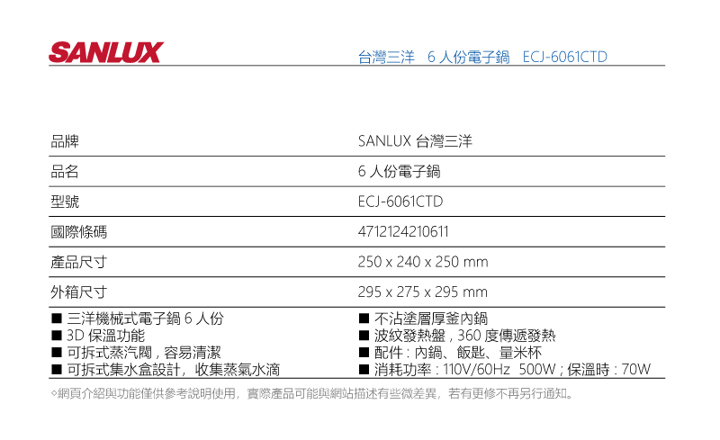 SANLUX 台灣三洋 六人分電子鍋 ECJ-6061CTD