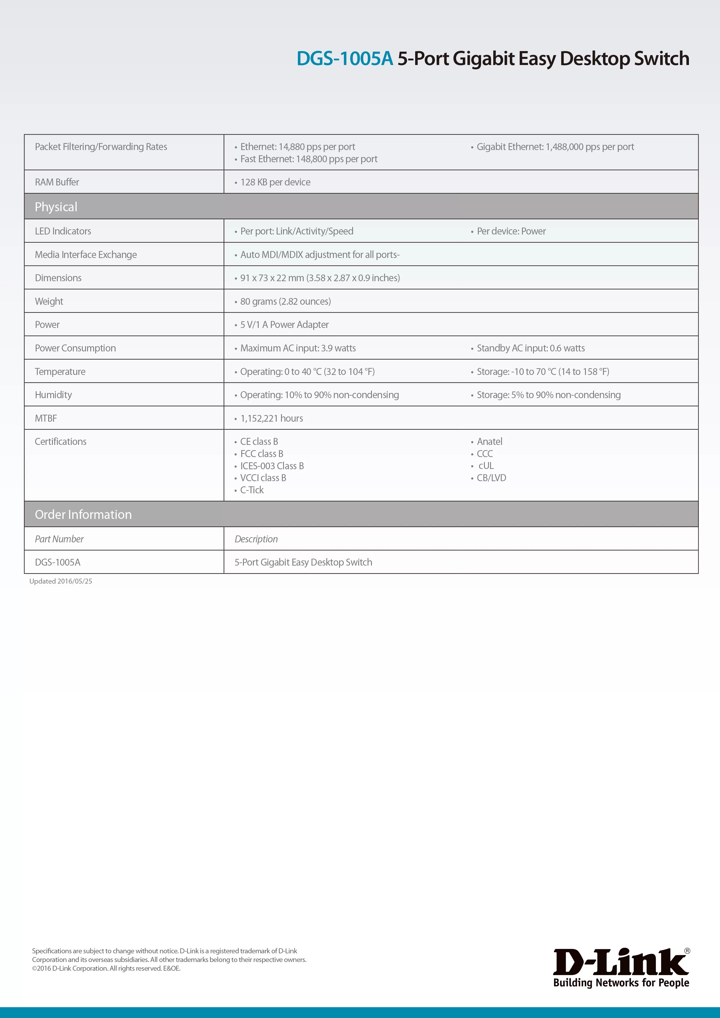 D-Link 友訊 DGS-1005A 5埠Gigabit 桌上型 無網管交換器