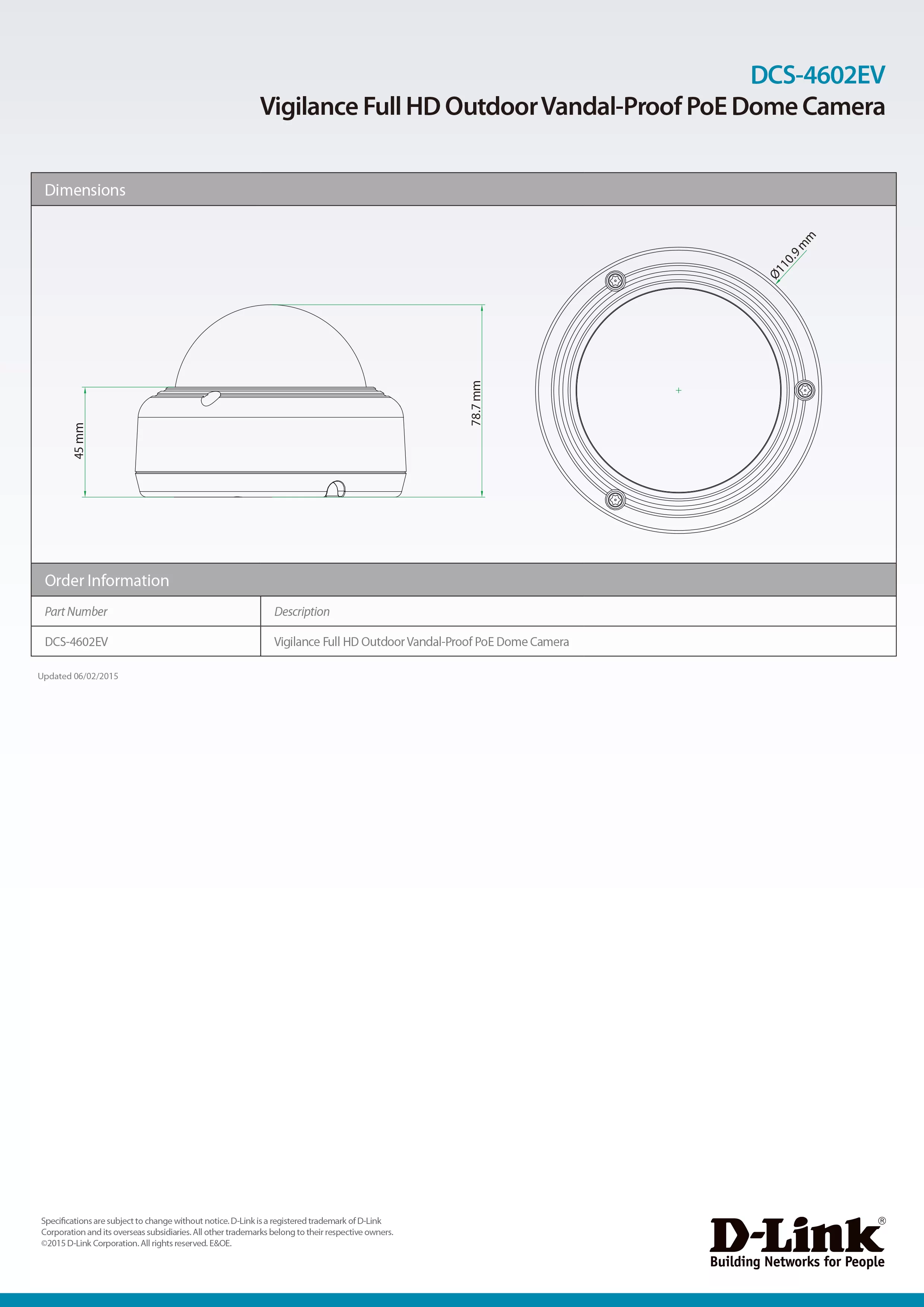 D-Link 友訊 DCS-4602EV Full HD 2百萬畫素戶外防暴半球型網路攝影機