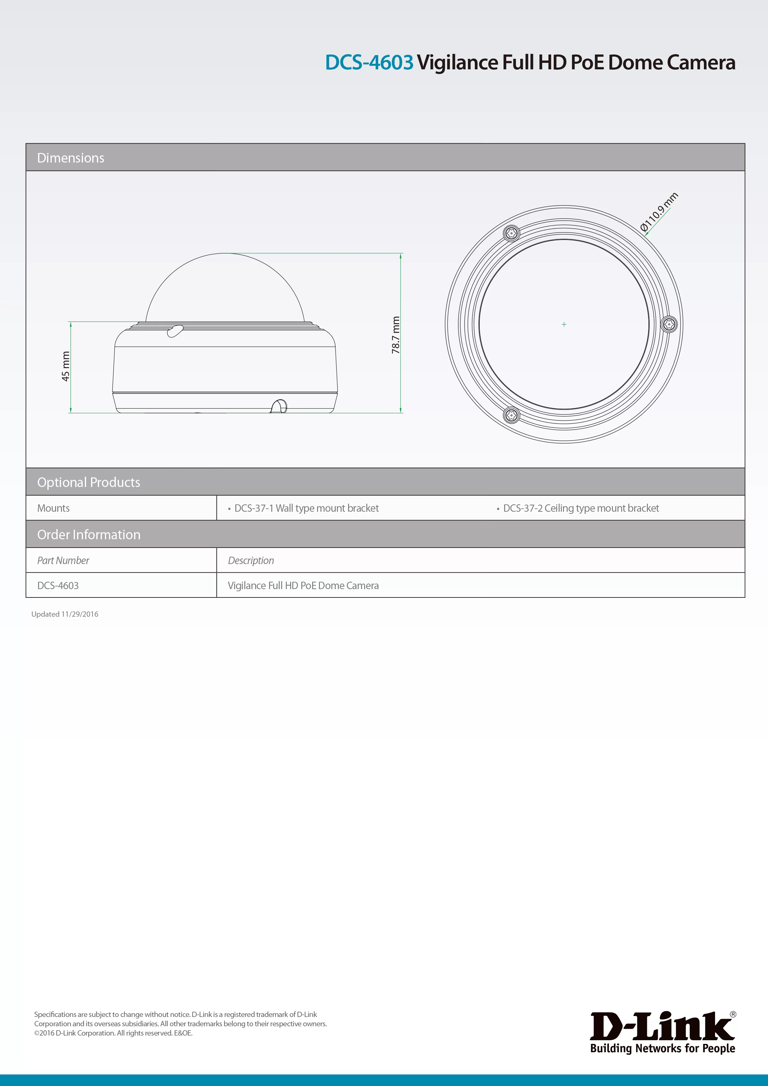 D-Link 友訊 DCS-4603 3百萬畫素半球型網路攝影機