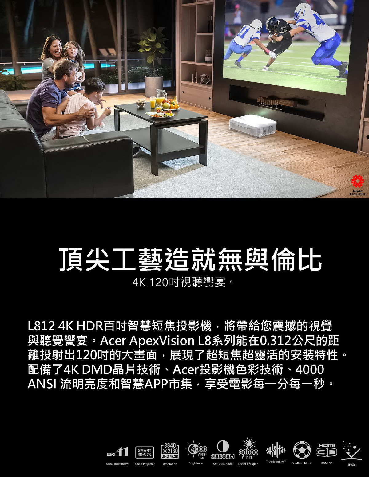 Acer L812雷射超短焦家庭劇院投影機 ( MR.JUZ11.00B ),U52430045,AcerL812雷射超短焦家庭劇院投影機(MR.JUZ11.00B),原廠保固,大量採購歡迎洽詢,品質保證