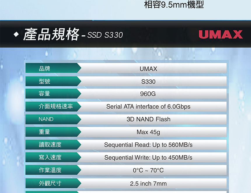 UMAX SSD S330 960G SATAIII TLC 固態硬碟