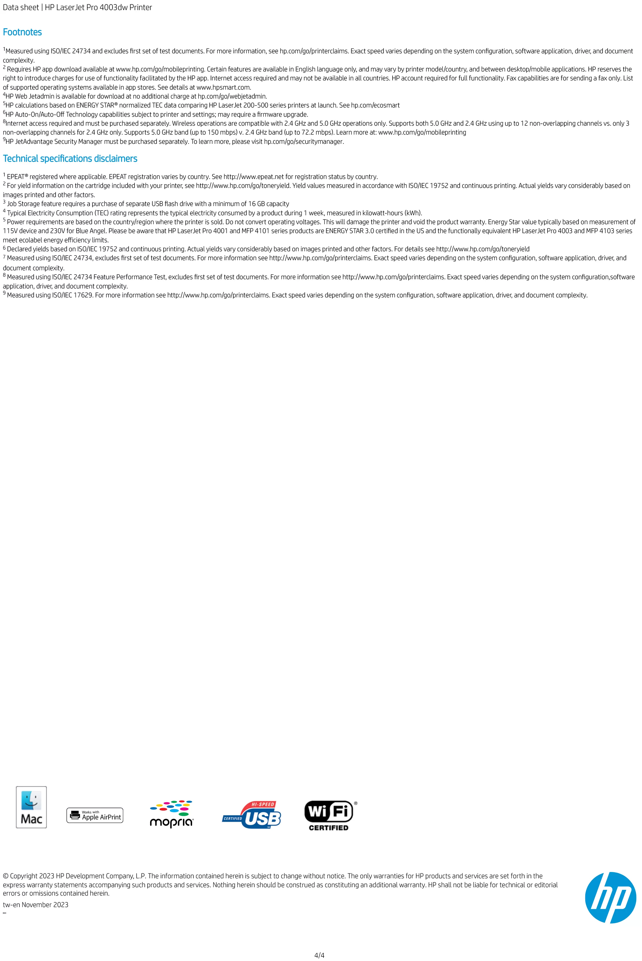 HP 惠普 LaserJet Pro 4003dw 無線雙面 黑白雷射印表機 (2Z610A)
