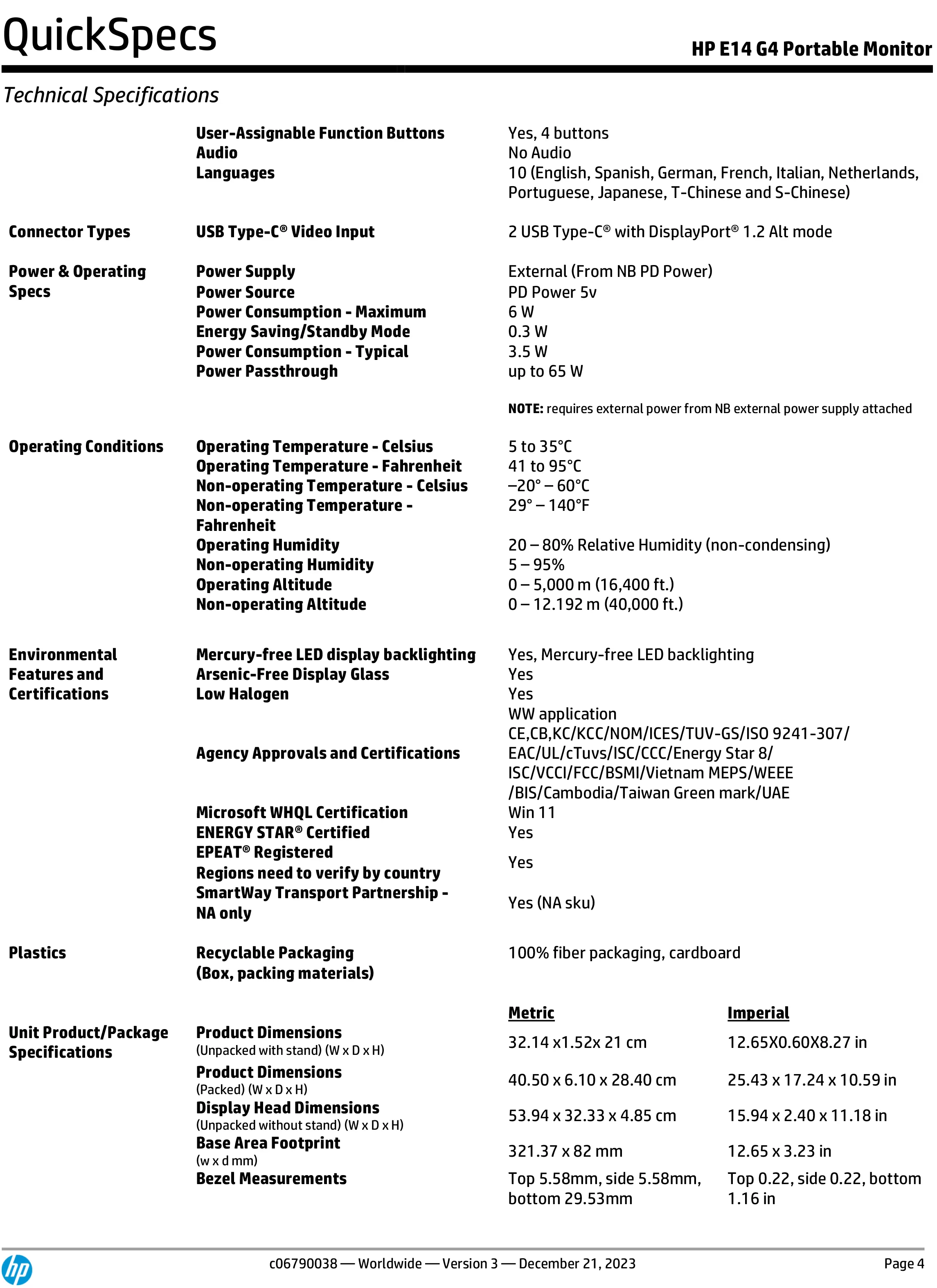 HP 惠普 E14 G4 可攜式顯示器(1B065AA)