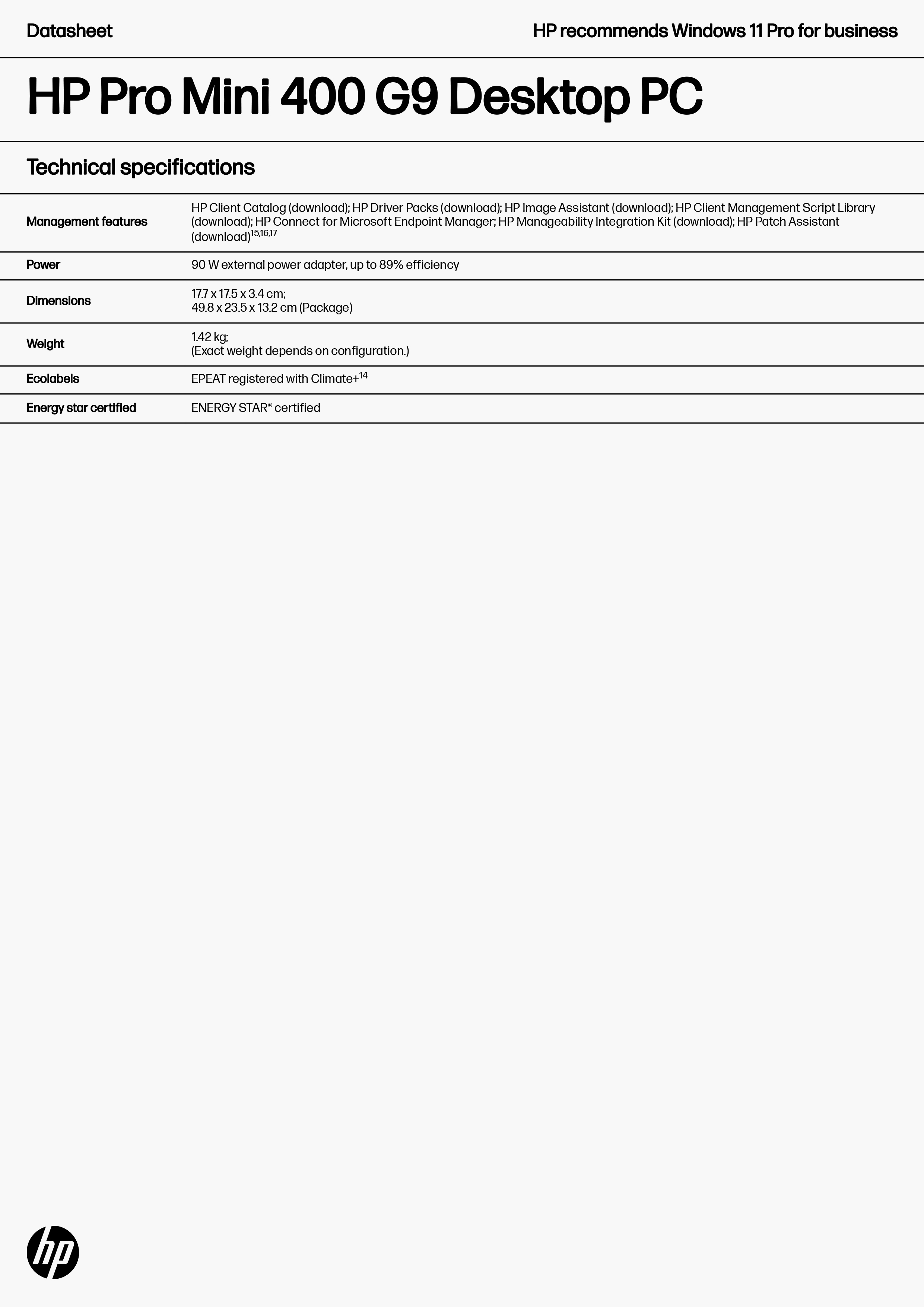 HP 惠普 Pro Mini 400 G9 桌上型電腦 (8Q3D7PA)