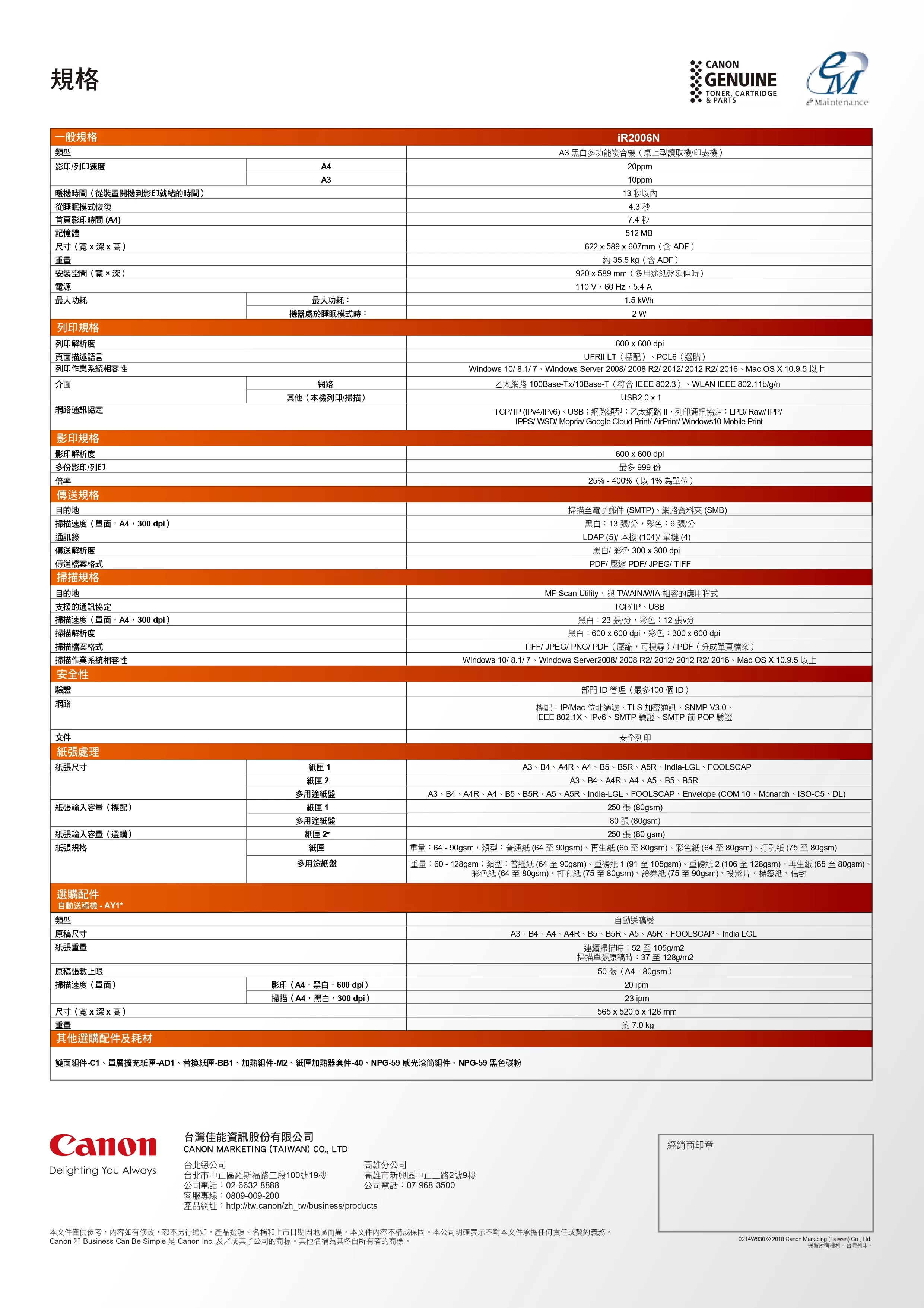 Canon 佳能 imageRUNNER 2006N A3黑白雷射複合機