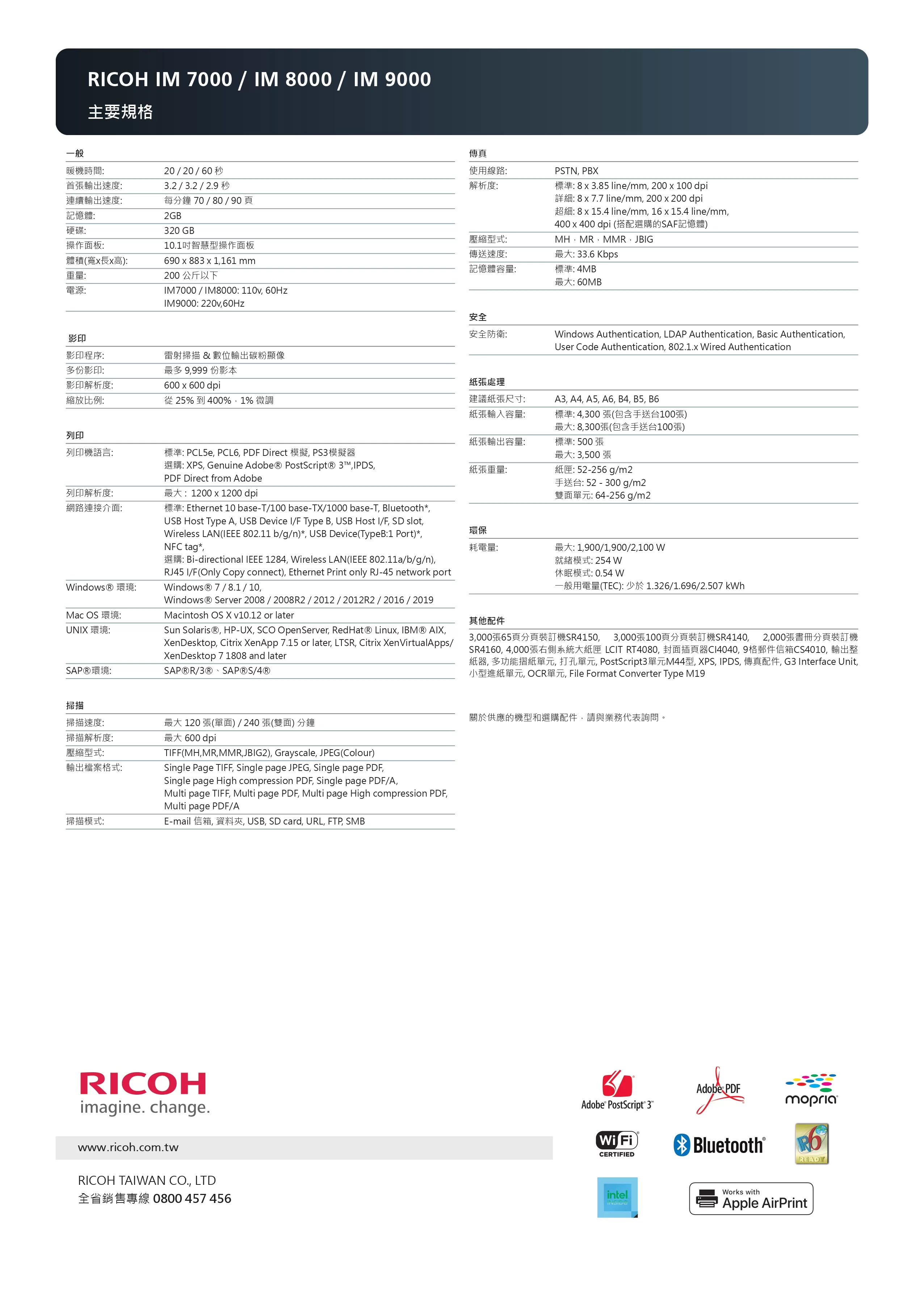 RICOH 理光 IM 7000 黑白多功能事務機