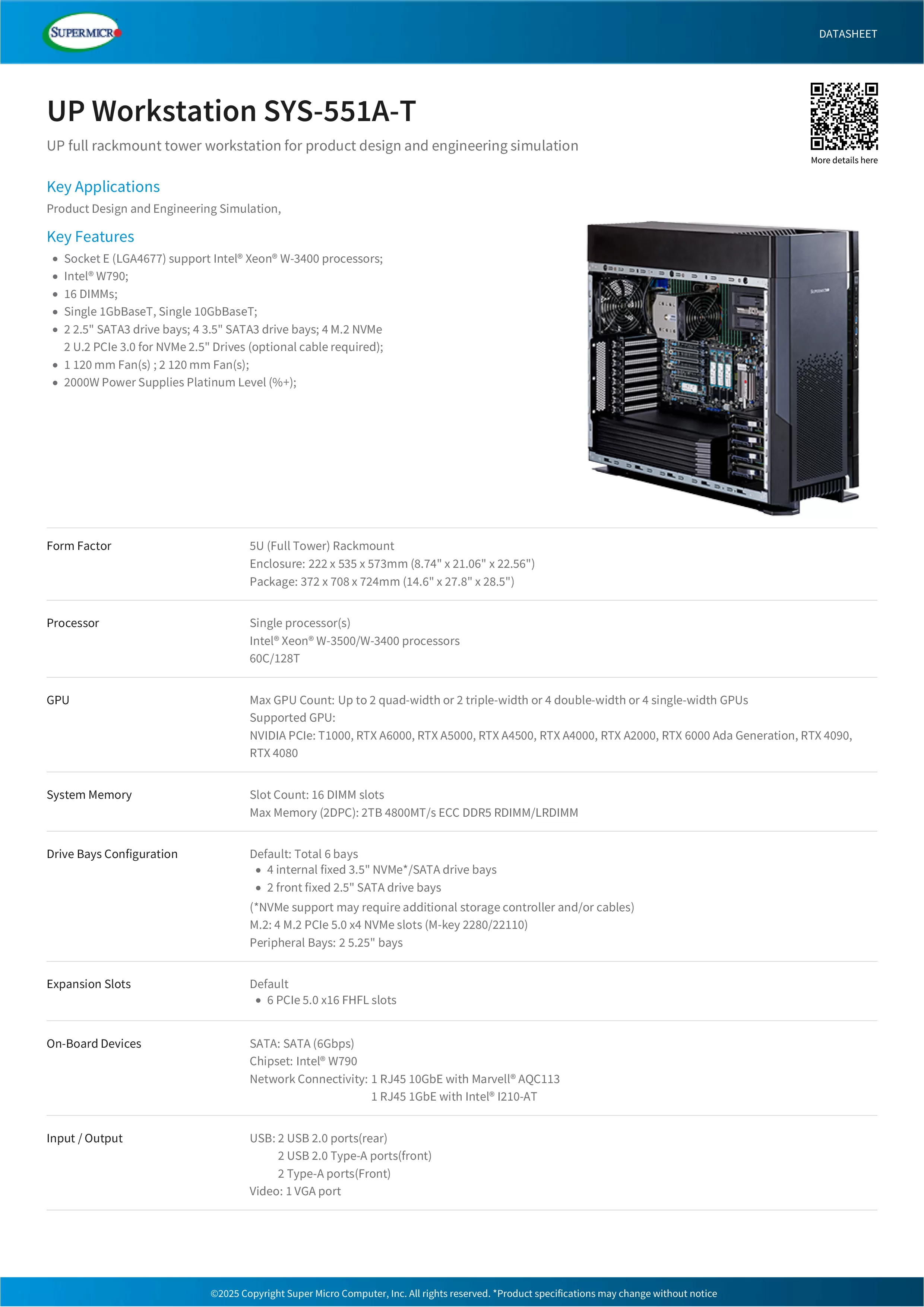 Supermicro 美超微  SYS-551A-T Intel 超級AI訓練工作站 (4CPU/128G/4T+500G SSD)