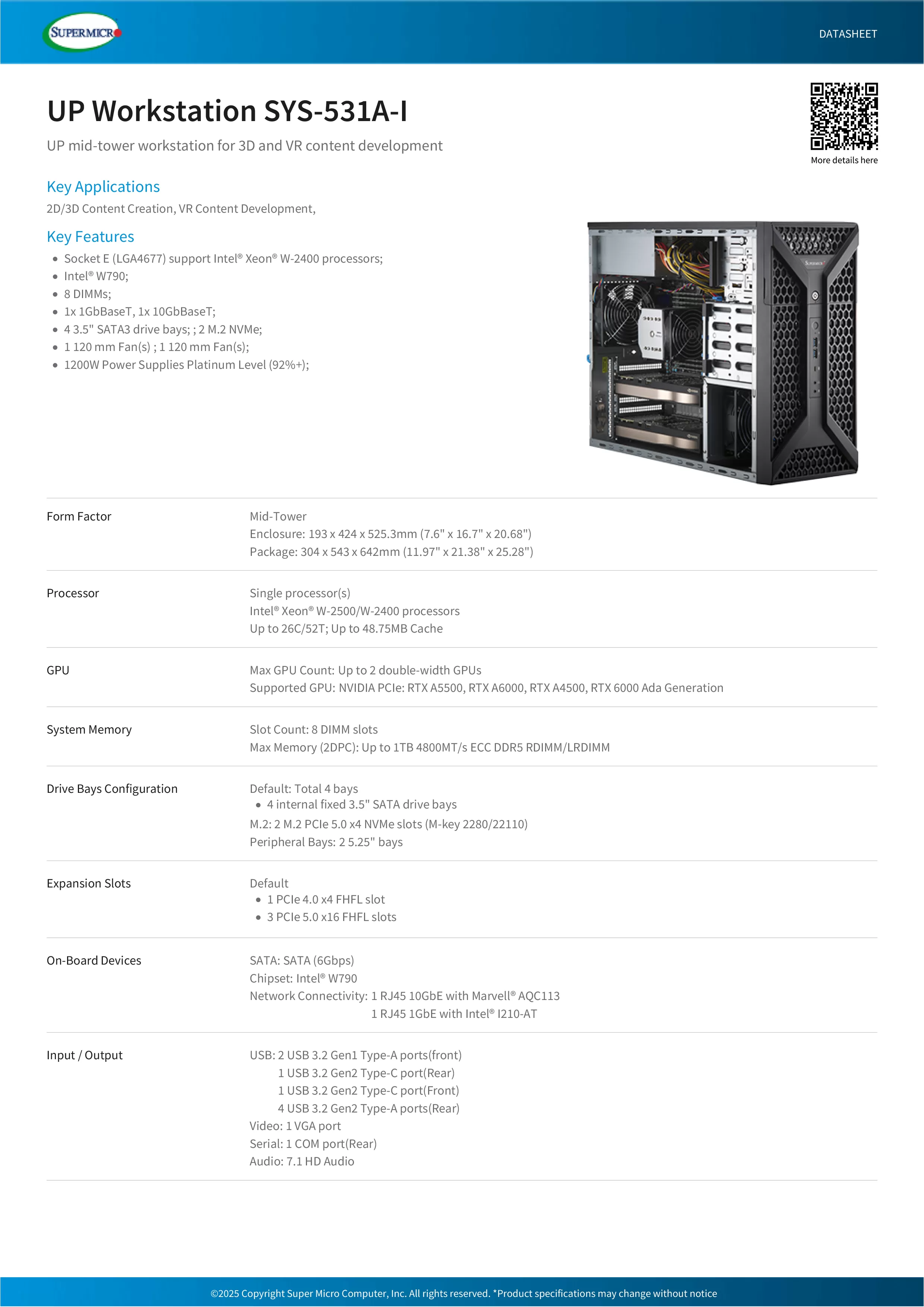 Supermicro 美超微 SYS-531A-I Intel 超級3D工程工作站 (2CPU/128G/4T+500G SSD)