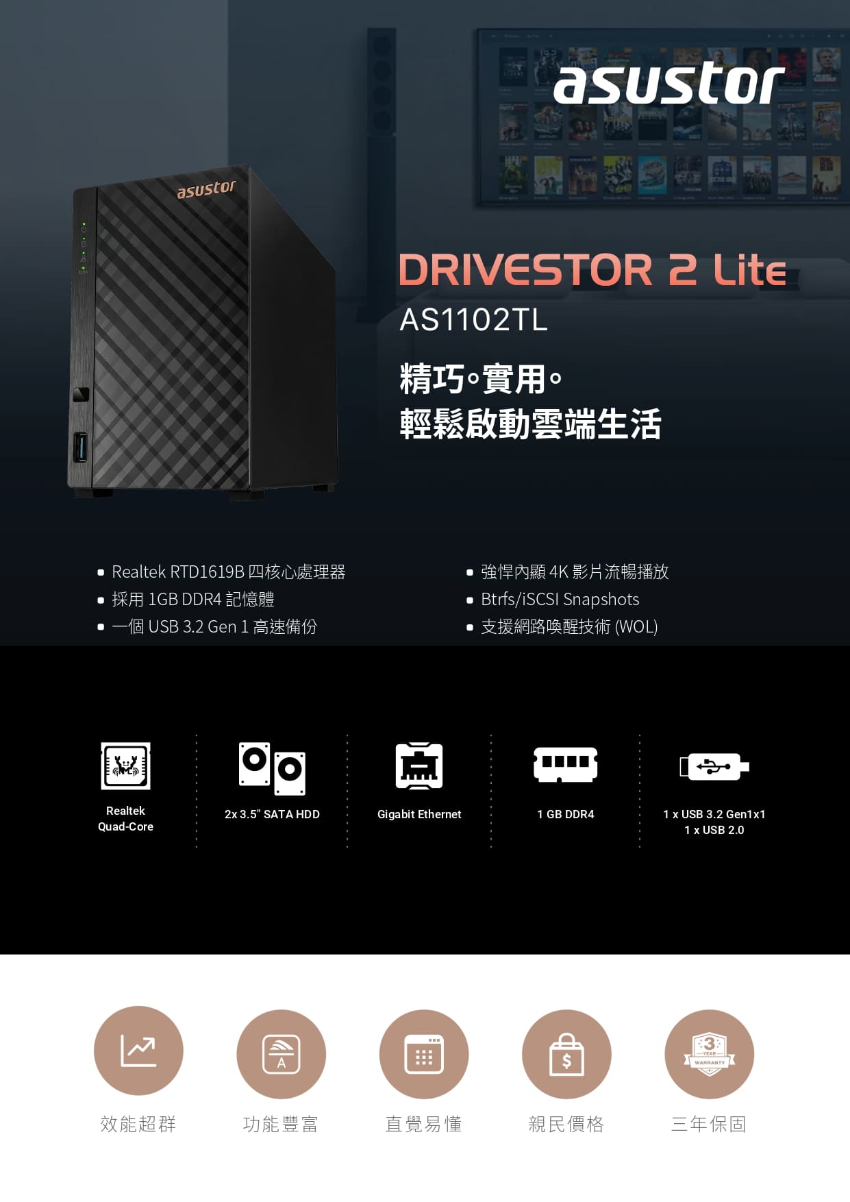 ASUSTOR 華芸 AS1102TL 2Bay NAS網路儲存伺服器 精巧/實用/輕鬆啟動雲端生活,U52330003,ASUSTOR華芸AS1102TL2BayNAS網路儲存伺服器精巧/實用/輕鬆啟動雲端生活,原廠保固,大量採購歡迎洽詢,品質保證