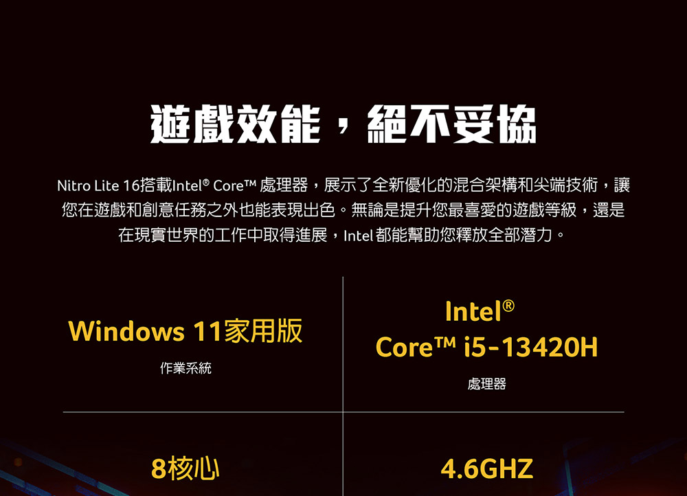 ACER 宏碁 Nitro Lite 16吋 薄型電競筆電 新春烈焰紅 (i5-13420H/8G/512G/RTX2050-4G/W11/NL16-71G-5338),U52430012,ACER宏碁NitroLite16吋薄型電競筆電新春烈焰紅(i5-13420H/8G/512G/RTX2050-4G/W11/NL16-71G-5338),原廠保固,大量採購歡迎洽詢,品質保證